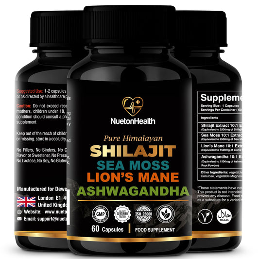 NUETONHEALTH Shilajit, Sea Moss, Lion's Mane, and Ashwagandha Capsules - Comprehensive All-in-One Wellness Supplement for Mind, Body, and Vitality - 60 Vegan Capsules by NuetonHealth UK