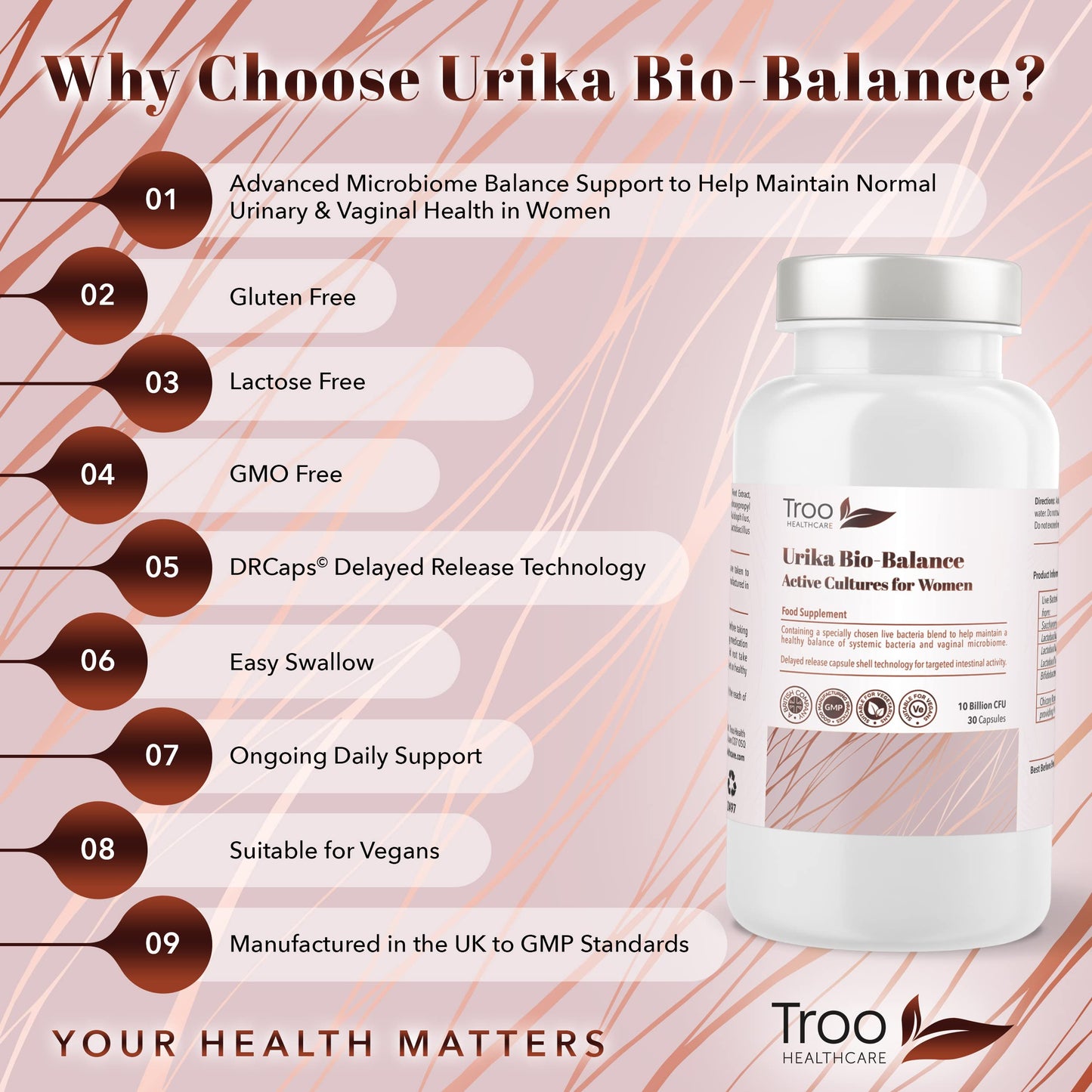 Troo Health Care Urika Bio-Balance Vaginal Gut Bacteria Support 60 Capsules - Friendly Active Bacterial Cultures Blend - Candida Yeast Balance & Urinary Support Supplement for Women