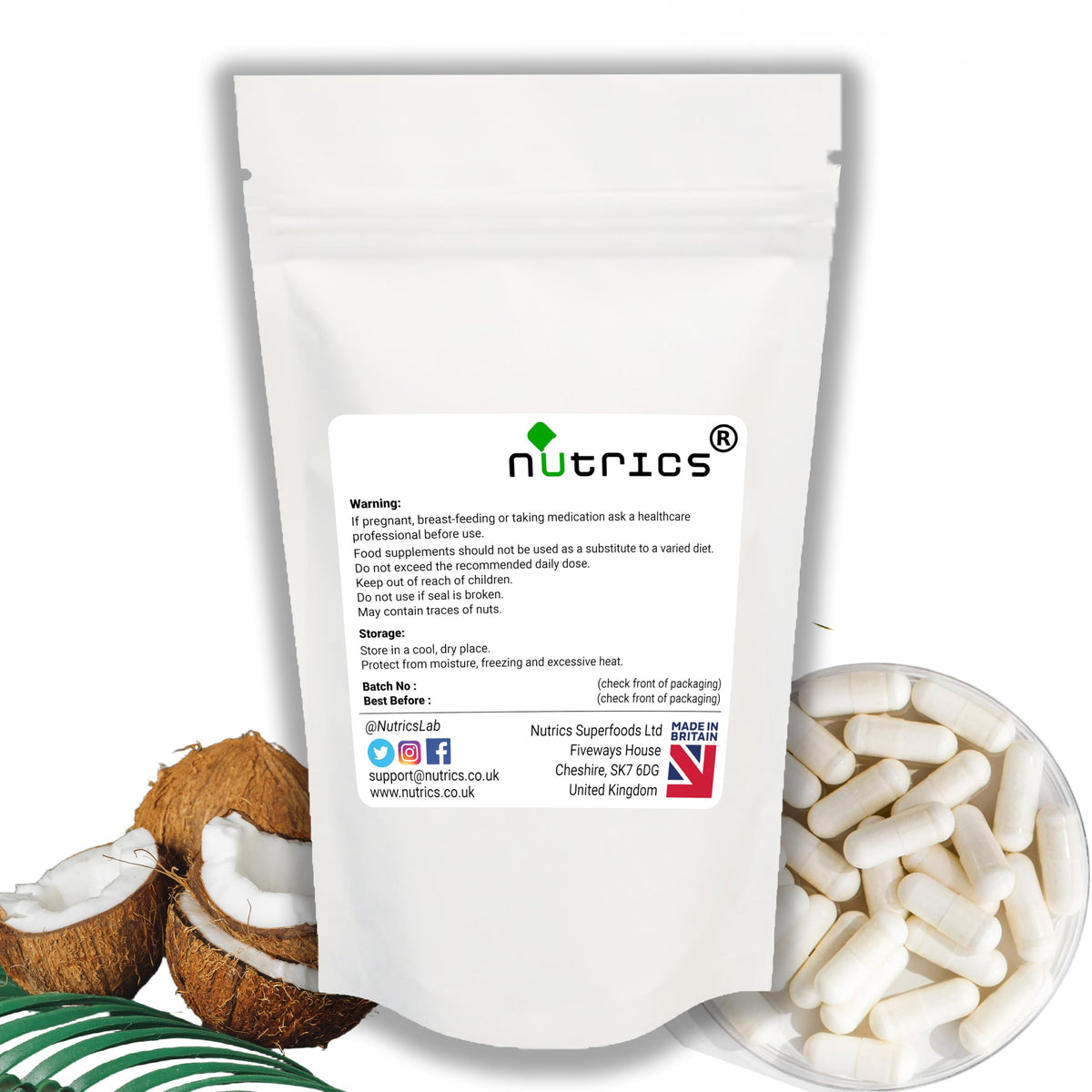 Nutrics® Coconut 2400mg per Serving Pure 90 V Capsule (1 Month Supply) Cocos Nucifera - No fillers Binders or Bulking Agents - Suitable for Vegans