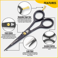 STONLI® 5" Beard and Moustache Scissors with Comb & Pouch - Small Hairdressing Scissors - Nose, Ear & Eyebrows Hair Scissors (Black)
