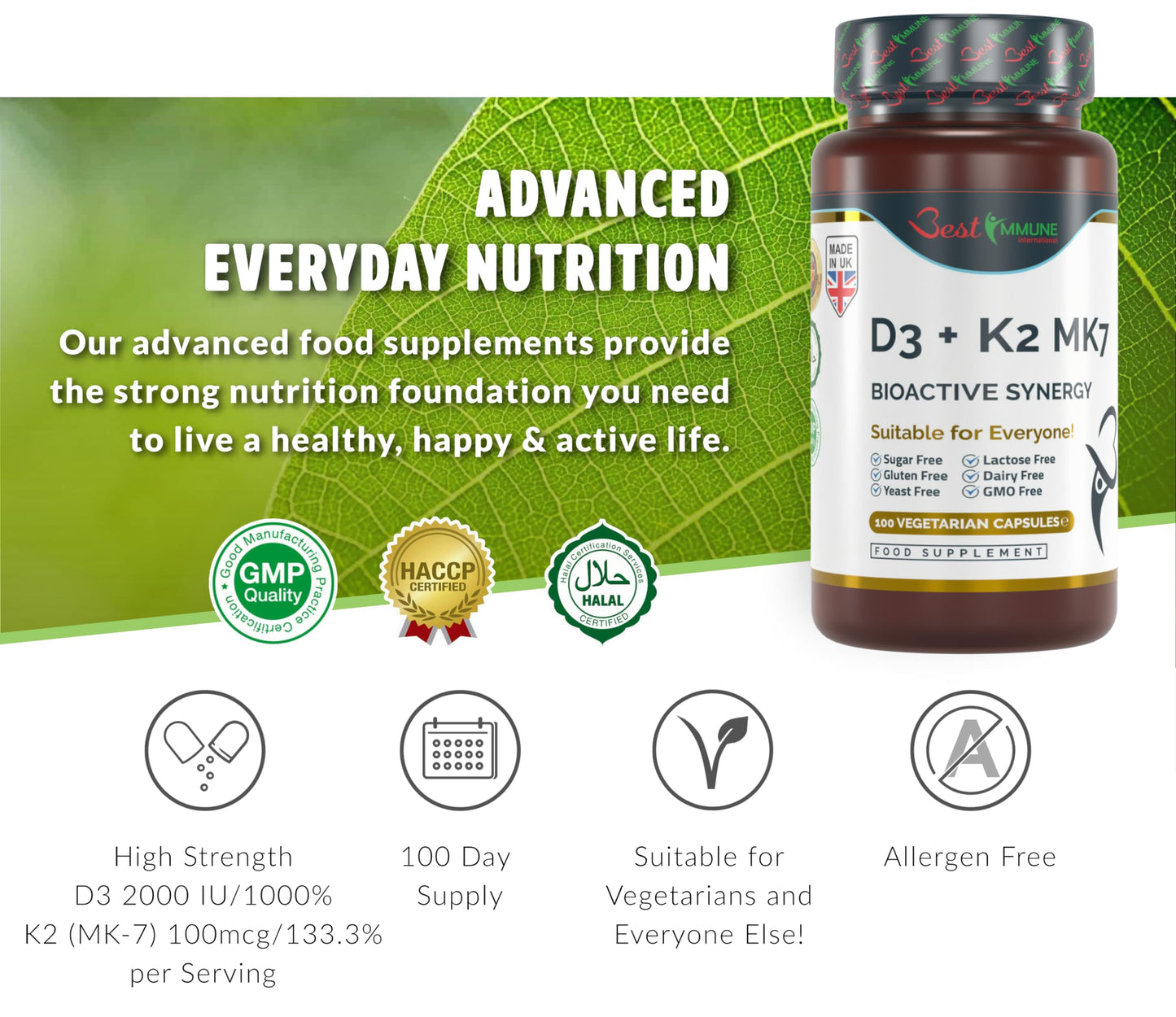 Best Immune International Vitamin D3 2000IU K2 MK7 100mcg Natural Premium Quality 100 Capsules Immune Support Perfect Proportions Maximum Absorption