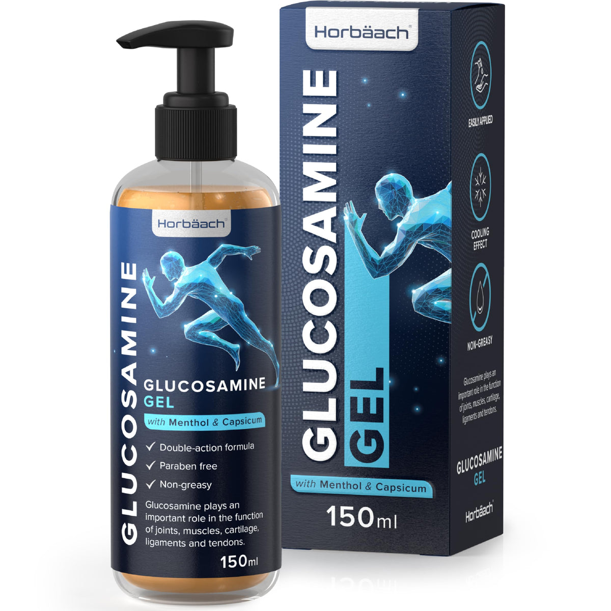 Horbäach Glucosamine Gel | 150 ml | with Menthol and Capsicum | Cooling Effect | Highly Absorbable, Non-Sticky and Non-Greasy Gel | By Horbaach