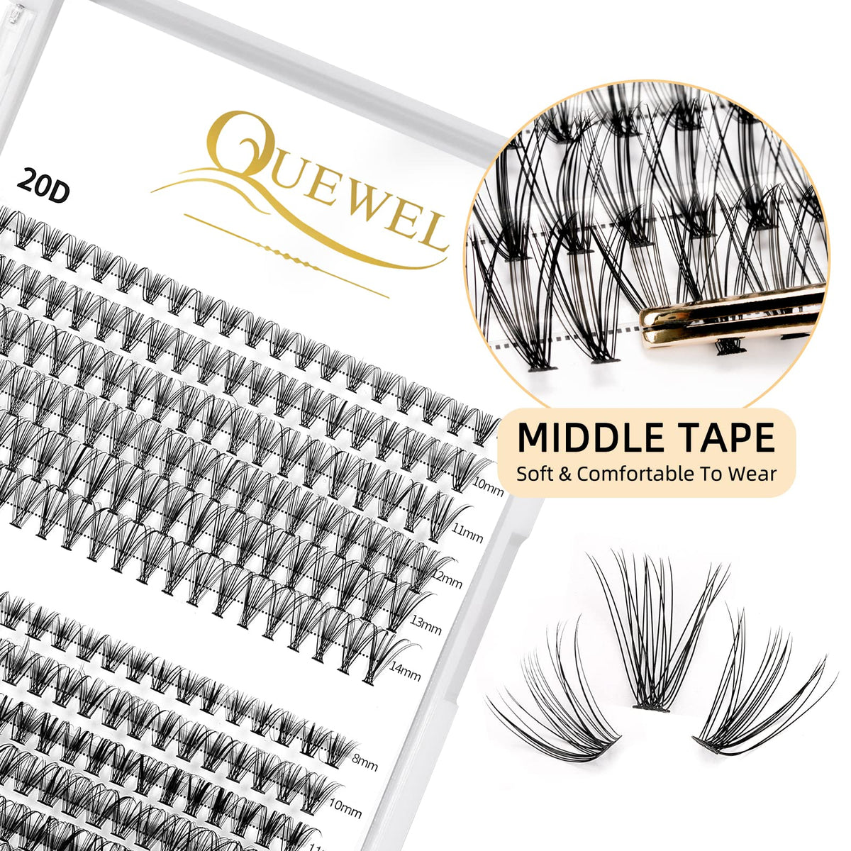 240Pcs Individual Lashes QUEWEL Cluster Lashes Individual Lash Extension 20D+30D D Curl Lashes Cluster DIY Look Like Eyelash Extensions Mix8-14mm at Home(20D+30D 0.07D MIX8-14mm)