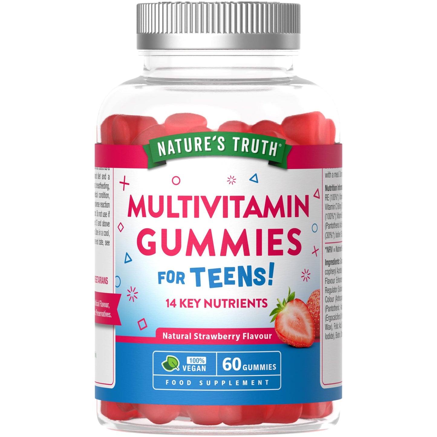 Nature's Truth Multivitamins for Teens - 60 Vegan Gummies - 14 Key Nutrients - Natural Strawberry Flavour