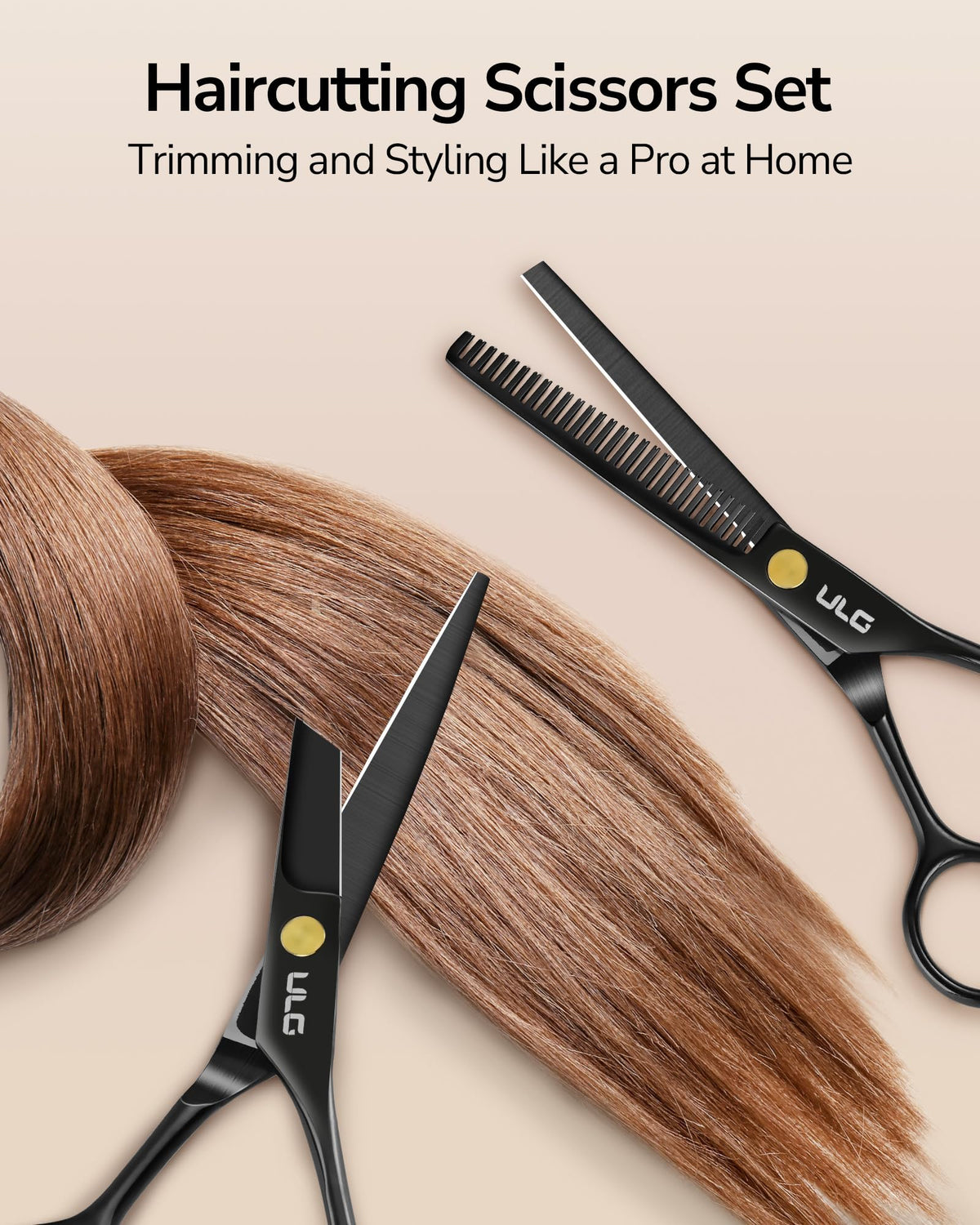 ULG Professional Hair Cutting Scissors Set – 16.5 cm Japanese Stainless Steel Barber Shears & Thinning Scissors with Comb, Clips & Case – at-Home Salon Haircut Kit for Men, Women, Kids, Black
