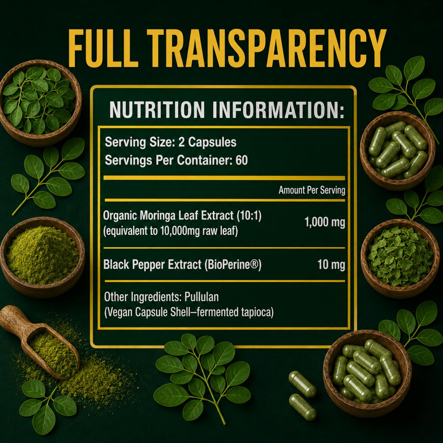 Puretrex Moringa Leaf Extract Capsules 10,000mg Equivalent 10:1, 120 Count, High Strength Organic Moringa Oleifera, BioPerine Black Pepper, Natural Energy Immunity Vitality Support, Vegan, Made in UK