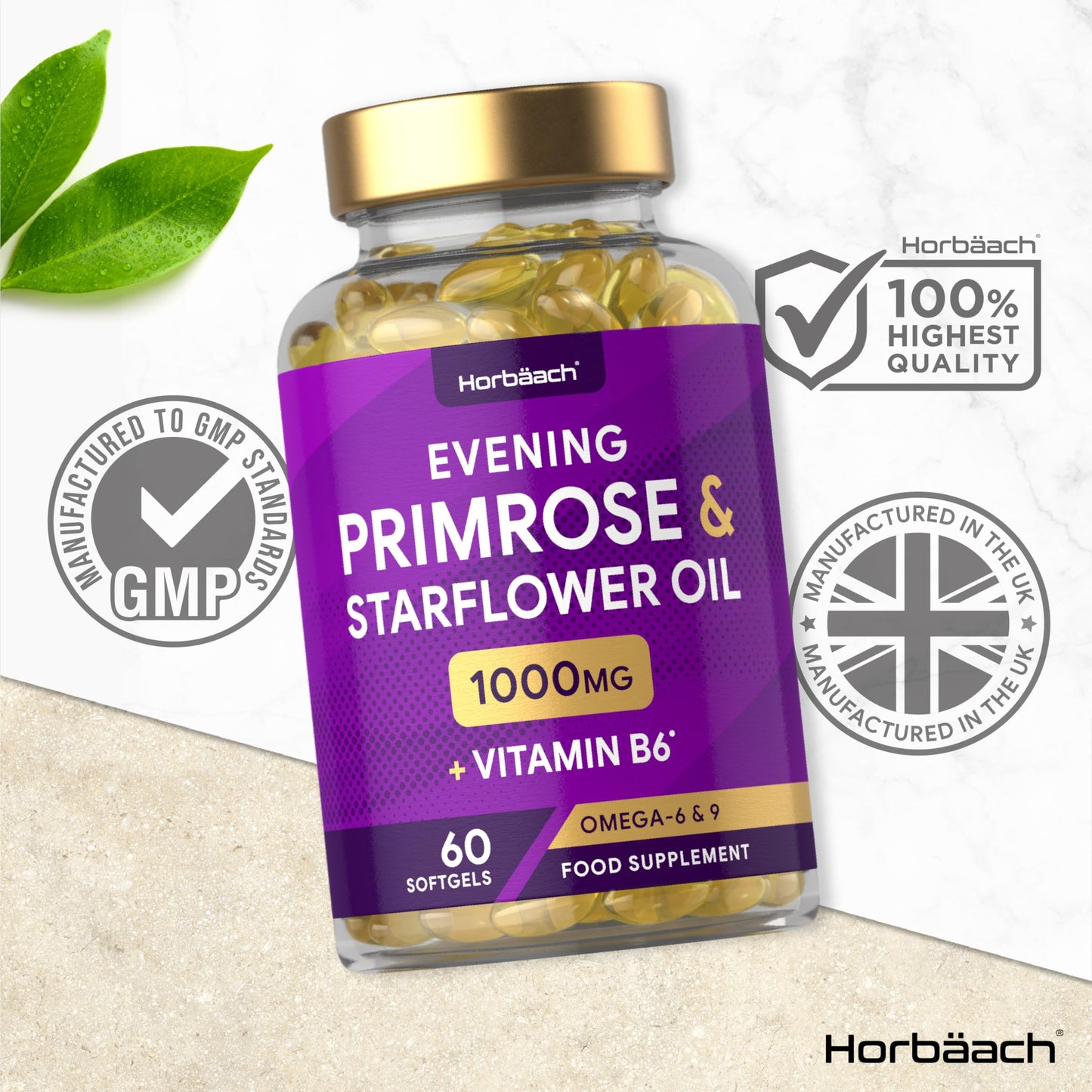 Evening Primrose and Starflower Oil Capsules 1000mg | with Vitamin B6 | 60 Softgels | Rich Source of Omega 6 GLA & 9 Oleic Fatty Acids | by Horbaach