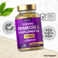 Evening Primrose and Starflower Oil Capsules 1000mg | with Vitamin B6 | 60 Softgels | Rich Source of Omega 6 GLA & 9 Oleic Fatty Acids | by Horbaach