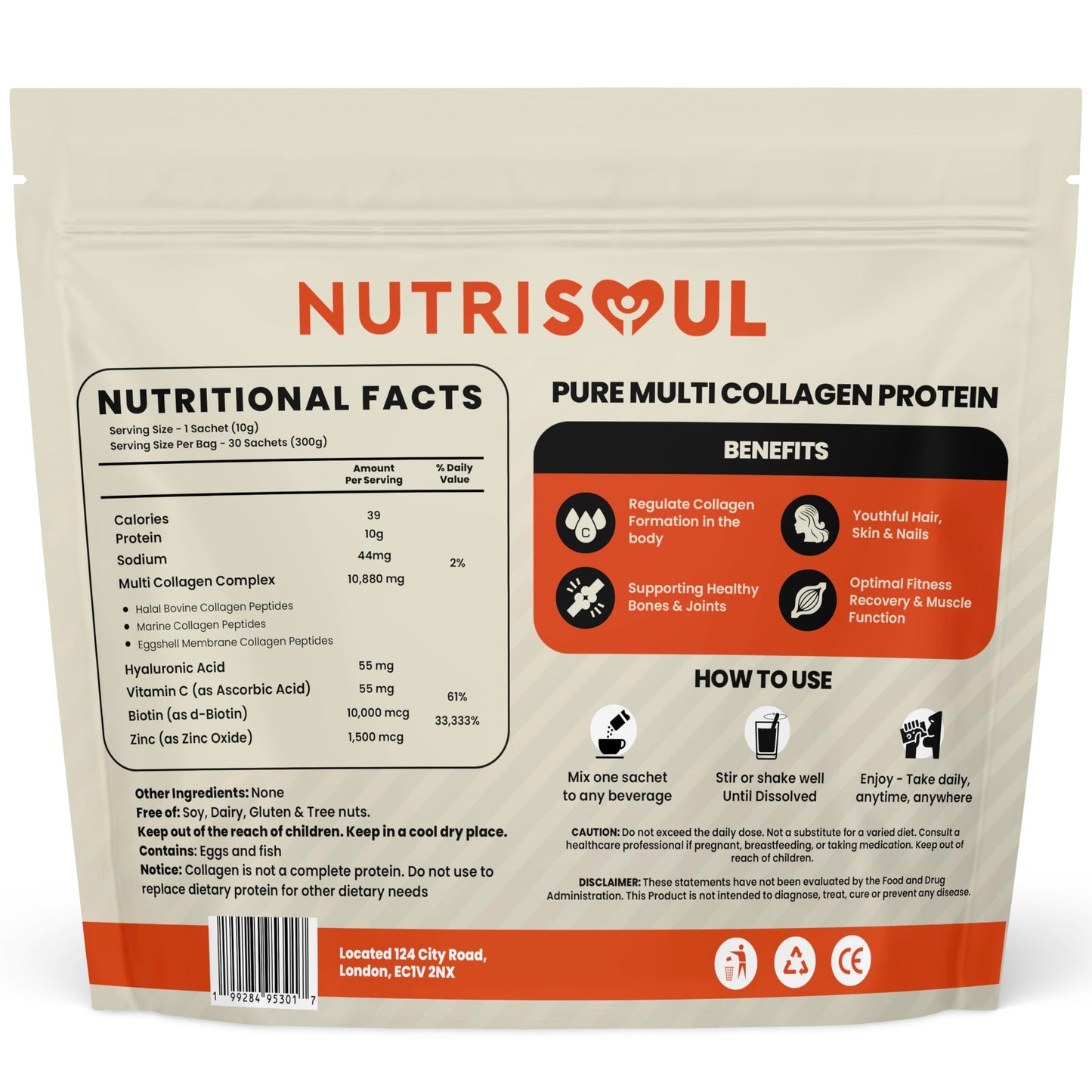 nutrisoul Multi Collagen Complex Powder | 30 Sachets | 100% Natural, Hydrolysed Bovine & Marine Collagen Peptides Types I, II, III, V & X | 8 Essential Amino Acids | Halal, Kosher & Gluten Free | Nutrisoul