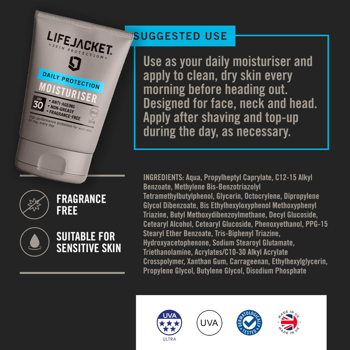 LIFEJACKET LifeJacket Daily Protection Moisturiser SPF 30 - Broad Spectrum Anti Fatigue, Anti-Ageing, Anti Wrinkle, UV Defence Face Cream for Sensitive Dry Skin (100ml (Pack of 1))