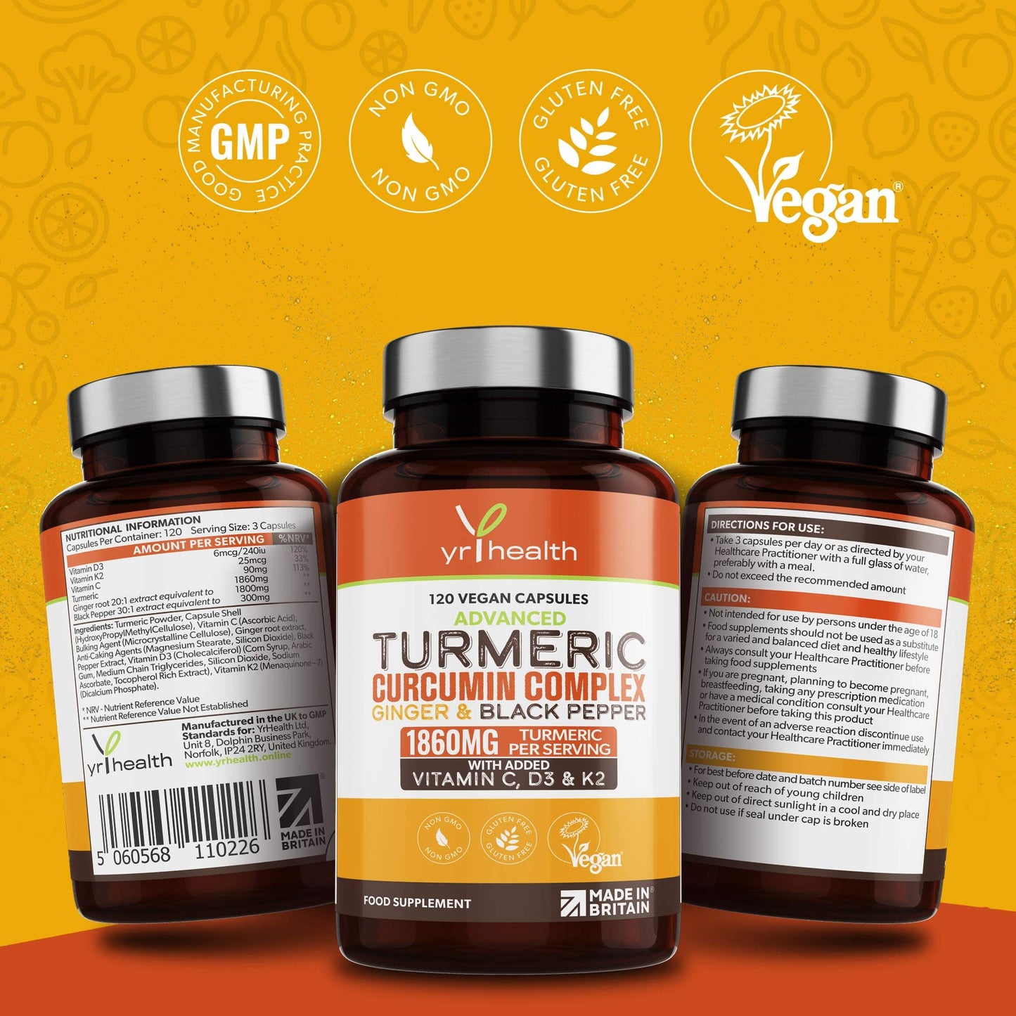 yrhealth Turmeric Capsules High Strength 1860mg with Black Pepper, Ginger, Vitamin C & D for Immune System & Joints Plus K2 Mk7-120 Vegan Capsules Premium Turmeric Curcumin – Made in The UK By YrHealth