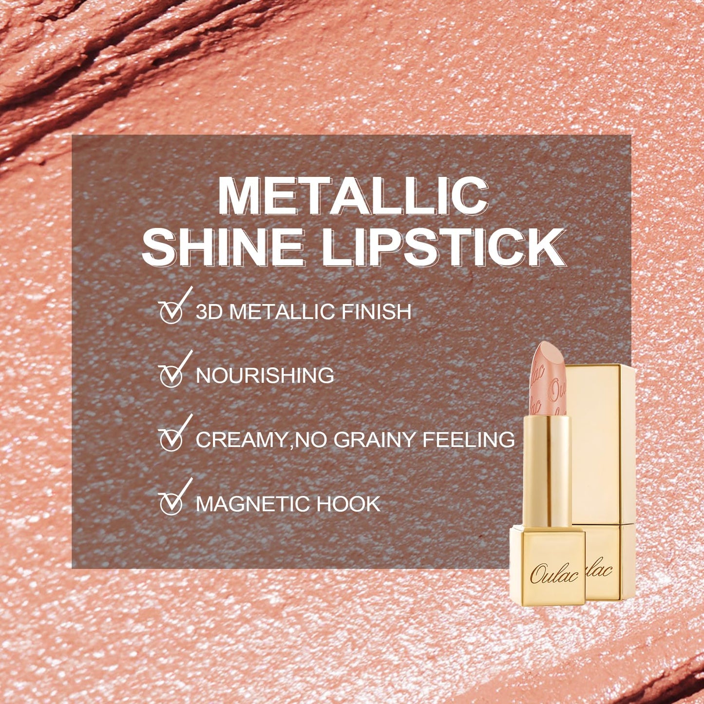 Oulac OULAC Glow Metallic Shine Lipstick, Nude High Impact Lipcolor, Lightweight Soft and Ultra Hydrating, Long Lasting, Vegan & Cruelty-Free, Full Coverage Lip Color 4.3 g/0.15 GM02 Ethereal