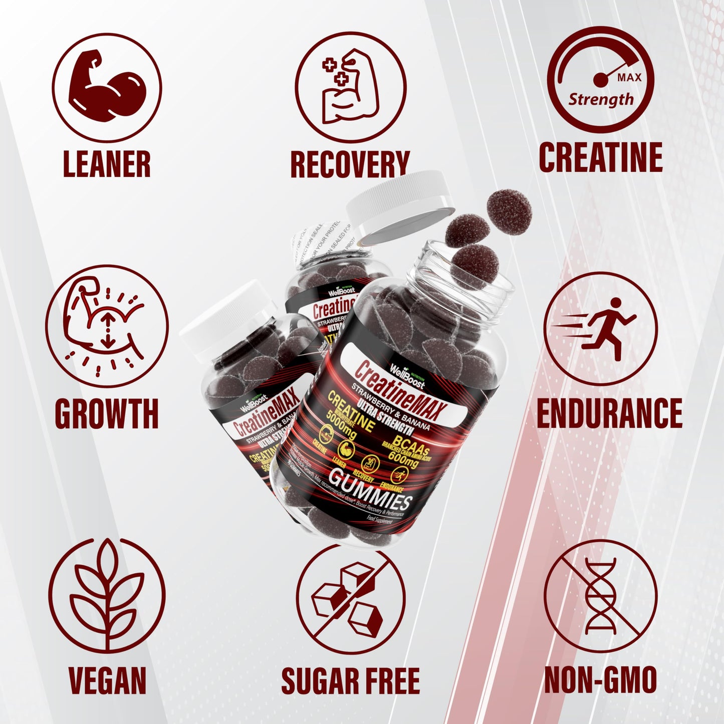 WellBoost Creatine MAX Gummies - 5000mg Creatine Monohydrate & 600mg BCAAs per Serving - Vegan, Sugar-Free Chewable Gummies with Strawberry & Banana Flavour - 90 Gummies (1 Month Supply)