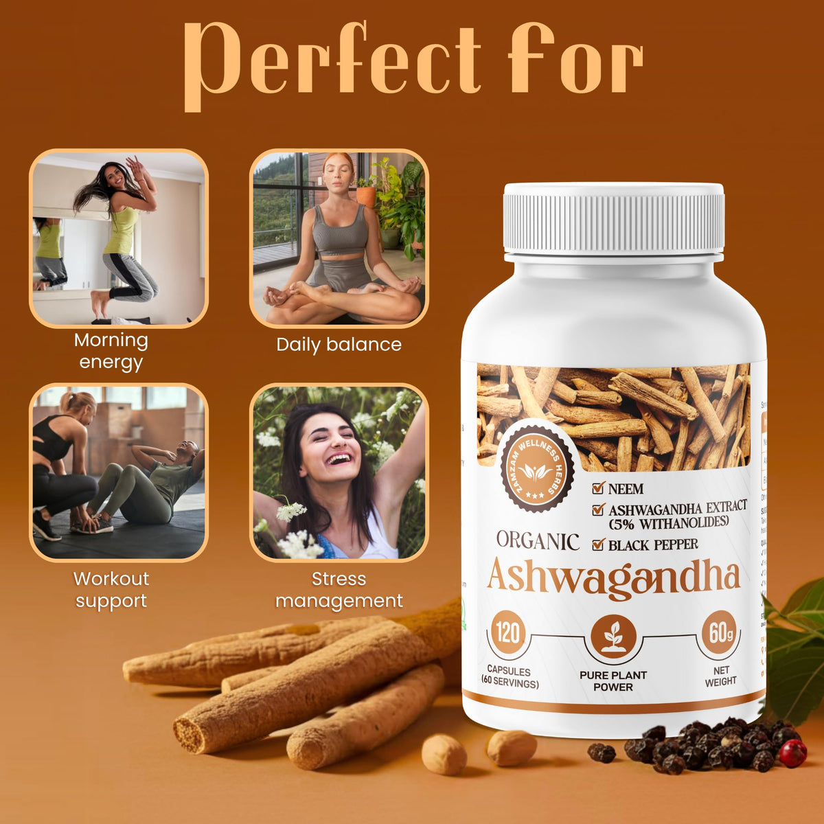 Zamzam Wellness Herbs Organic Neem Leaf (Azadirachta Indica) + Ashwagandha 5% Withanolides with Black Pepper | High-Strength Ayurvedic Detox & Skin Cleanse | Immune, Mood & Energy Support | 120 Vegan Adaptogen Capsules