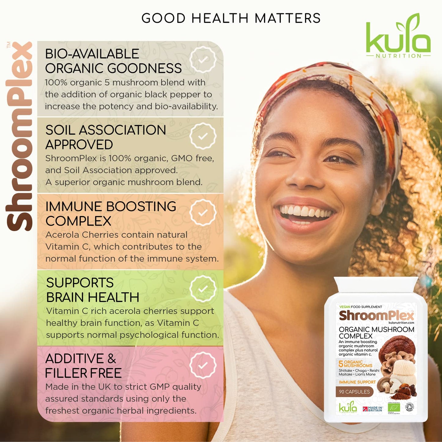 Kula Nutrition ShroomPlex Organic Mushroom Complex - Immune Boosting Mushroom Blend - 90 High Strength Vegan Capsules with Lions Mane, Shiitake, Chaga, Maitake and Reishi - Plus Organic Black Pepper & Vitamin C