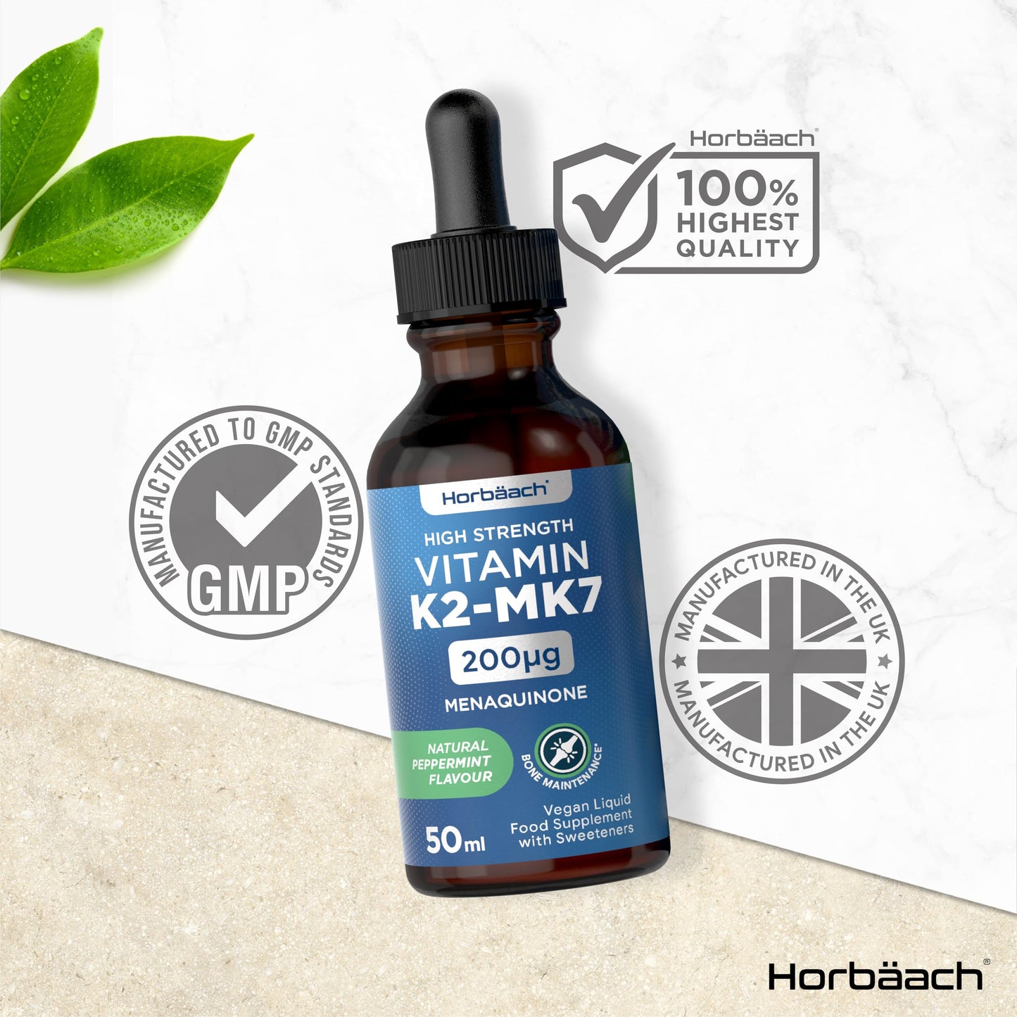 Vitamin K2 MK7 Drops 200ug | 50 ml | High Strength Vitamin K2 as Menaquinone MK7 | Peppermint Flavour | Vegan Liquid Food Supplement | by Horbaach