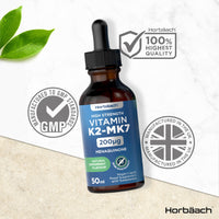 Vitamin K2 MK7 Drops 200ug | 50 ml | High Strength Vitamin K2 as Menaquinone MK7 | Peppermint Flavour | Vegan Liquid Food Supplement | by Horbaach