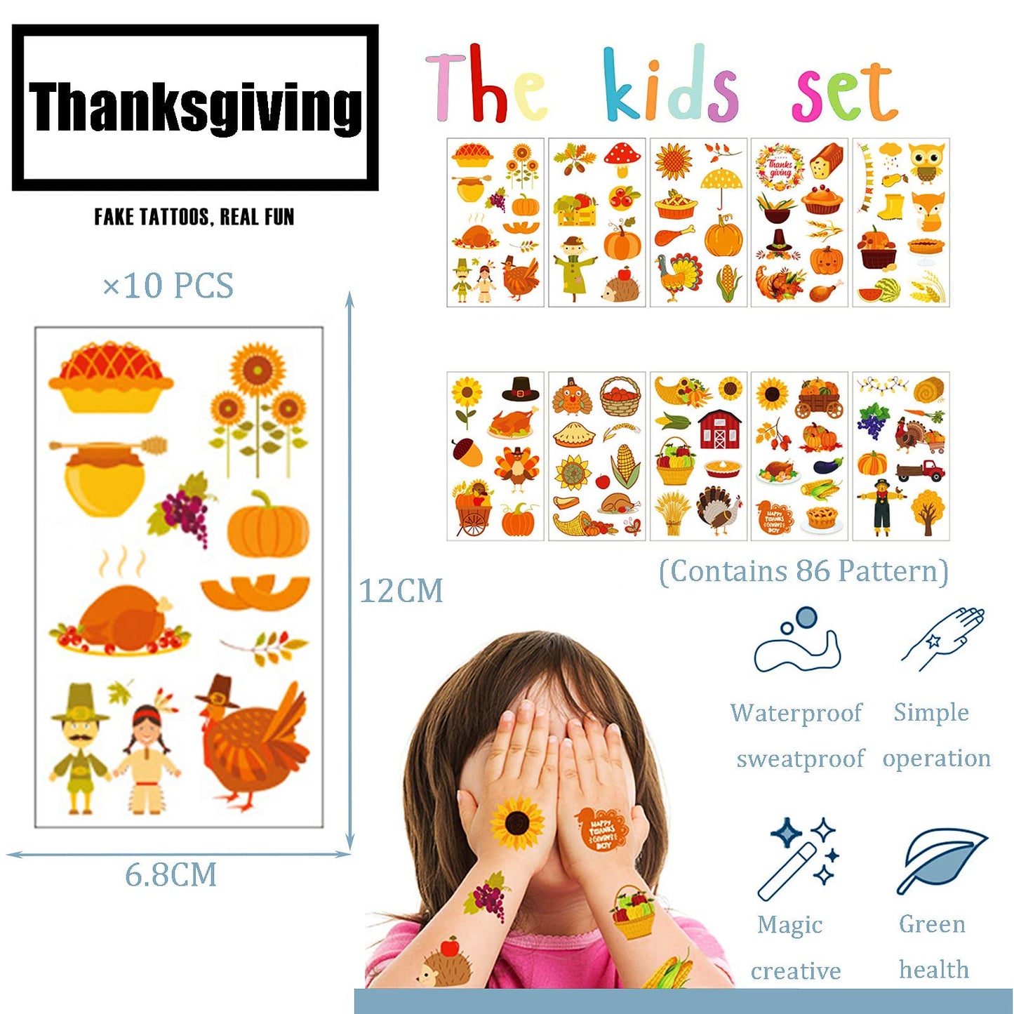 YAAVAAW Autumn Thanksgiving Temporary Tattoos for Boys,Girls,Kids,10 Sheets Kids Tattoos Fall Harvest Pumpkin Turkey Tattoo Stickers for Children's Stick on Tattoos Autumn Thanksgiving Theme Party Bag Filler