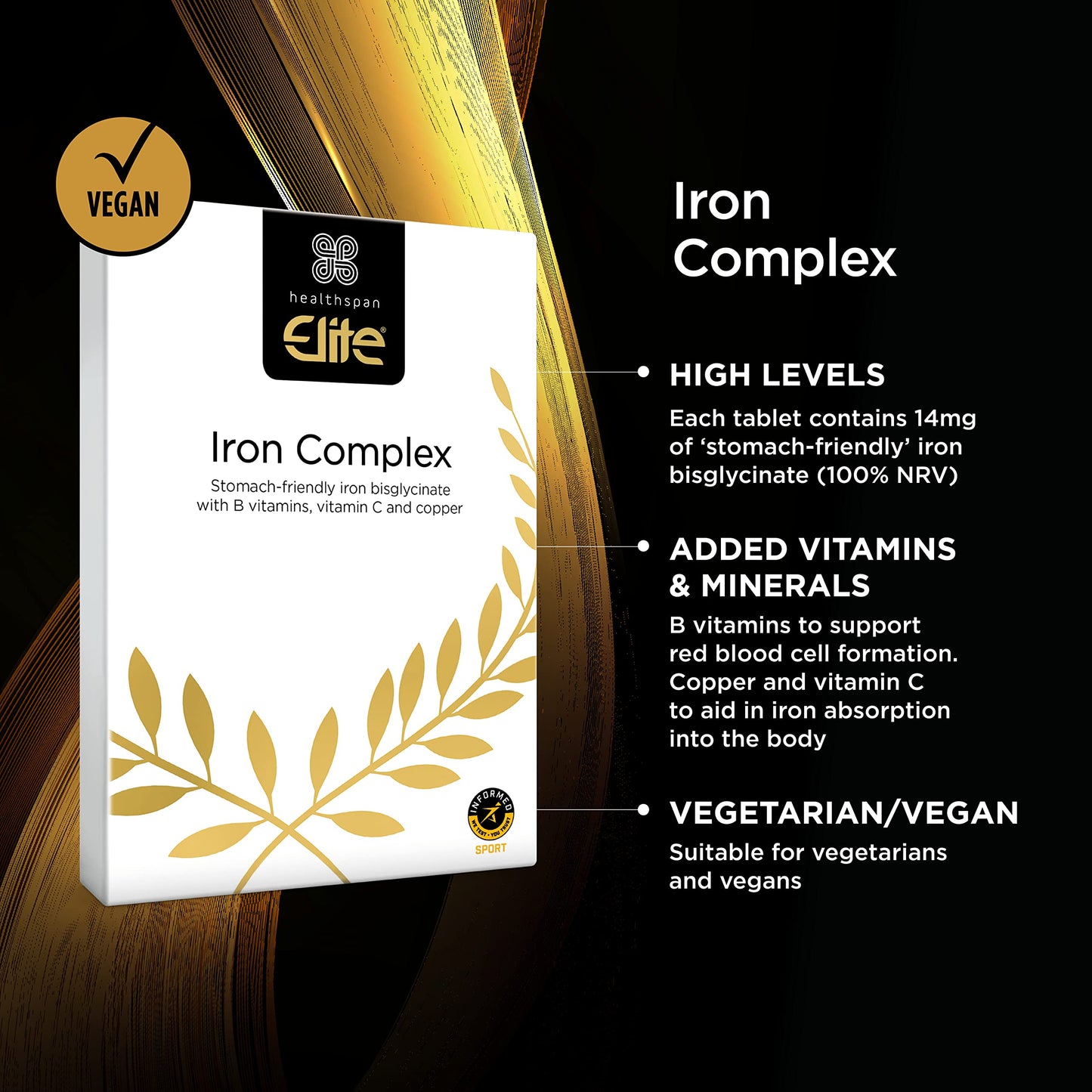Healthspan Elite Iron Complex 14mg (4 Months’ Supply) | Reduce Tiredness & Fatigue | with Copper & Vitamin C to aid Absorption | All Blacks Official Partner | Informed Sport Accredited | Vegan