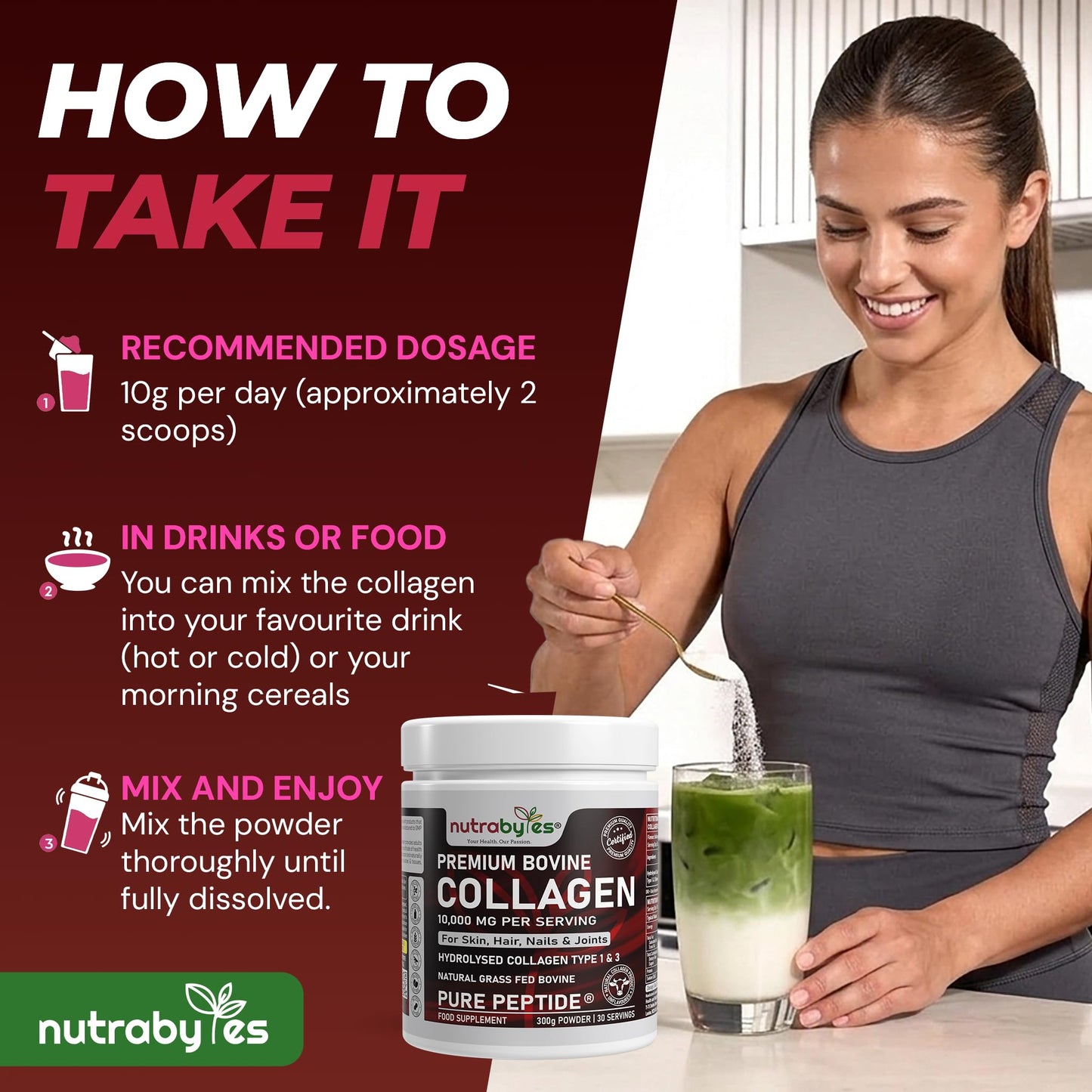 NUTRABYTES Bovine Collagen Powder 10000mg | Grass Fed Hydrolysed Collagen Peptides Type 1 & 3 | Unflavoured | Skin Hair Nails | 19 Amino Acids | Kosher Halal Certified | Women & Men | 30 Day Supply