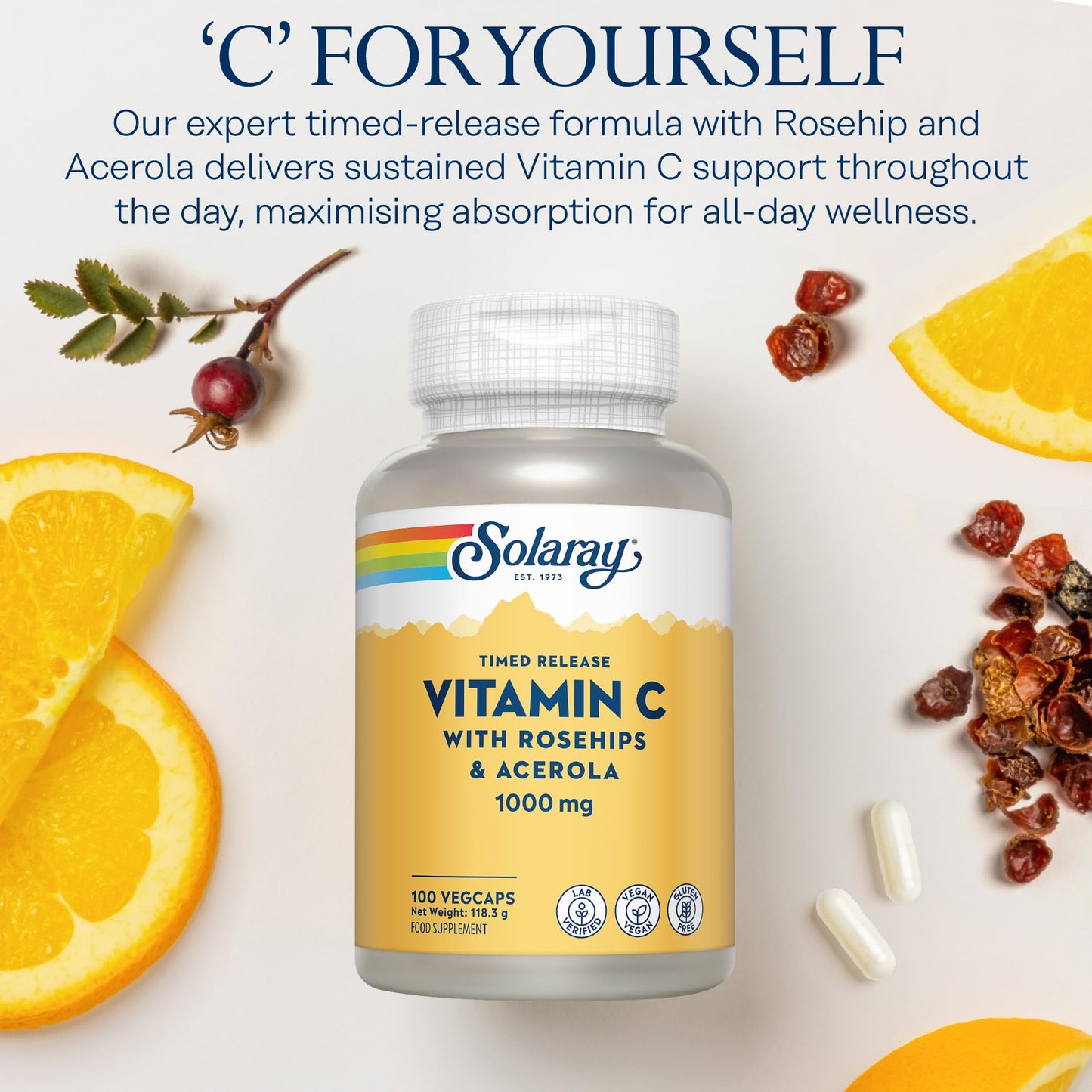 SOLARAY Vitamin C 1000mg - 100 Vegan Capsules not Tablets - High Strength VIT C Supplement with Ascorbic Acid, Acerola Cherry and Rosehip - Lab Verified - Solaray