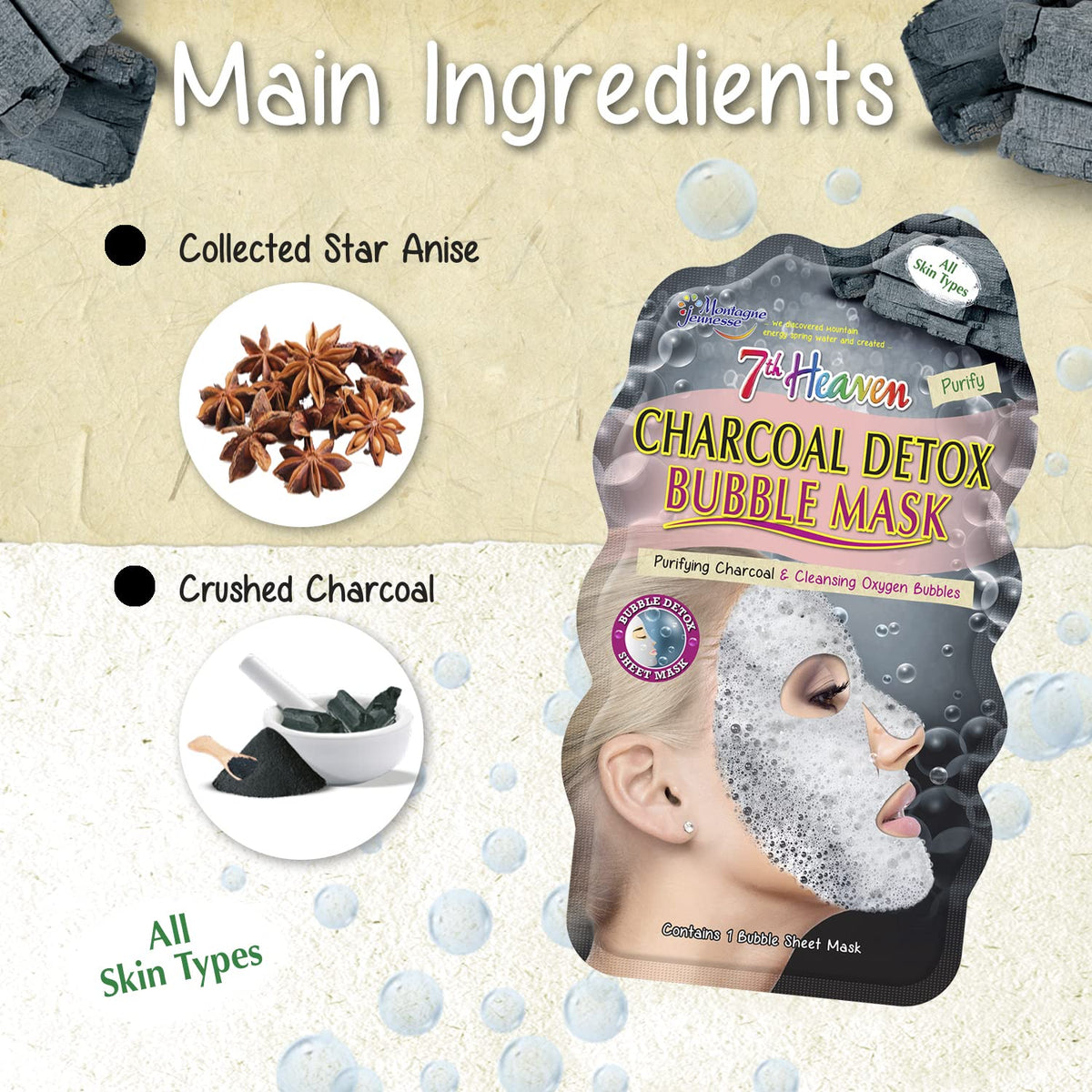 7th Heaven Charcoal Detox Bubble Sheet Mask with Purifying Charcoal, Collected Star Anise and Cleansing Oxygen Bubbles for a Brighter Complexion - Ideal for All Skin Types
