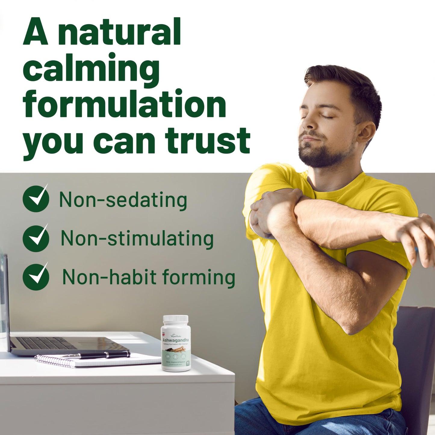 Ashwagandha High Strength - Cortisol Reducing Supplement - Vegan Vitality's Ashwagandha Capsules 1000mg with Black Pepper to Reduce Stress Hormones and Fatigue