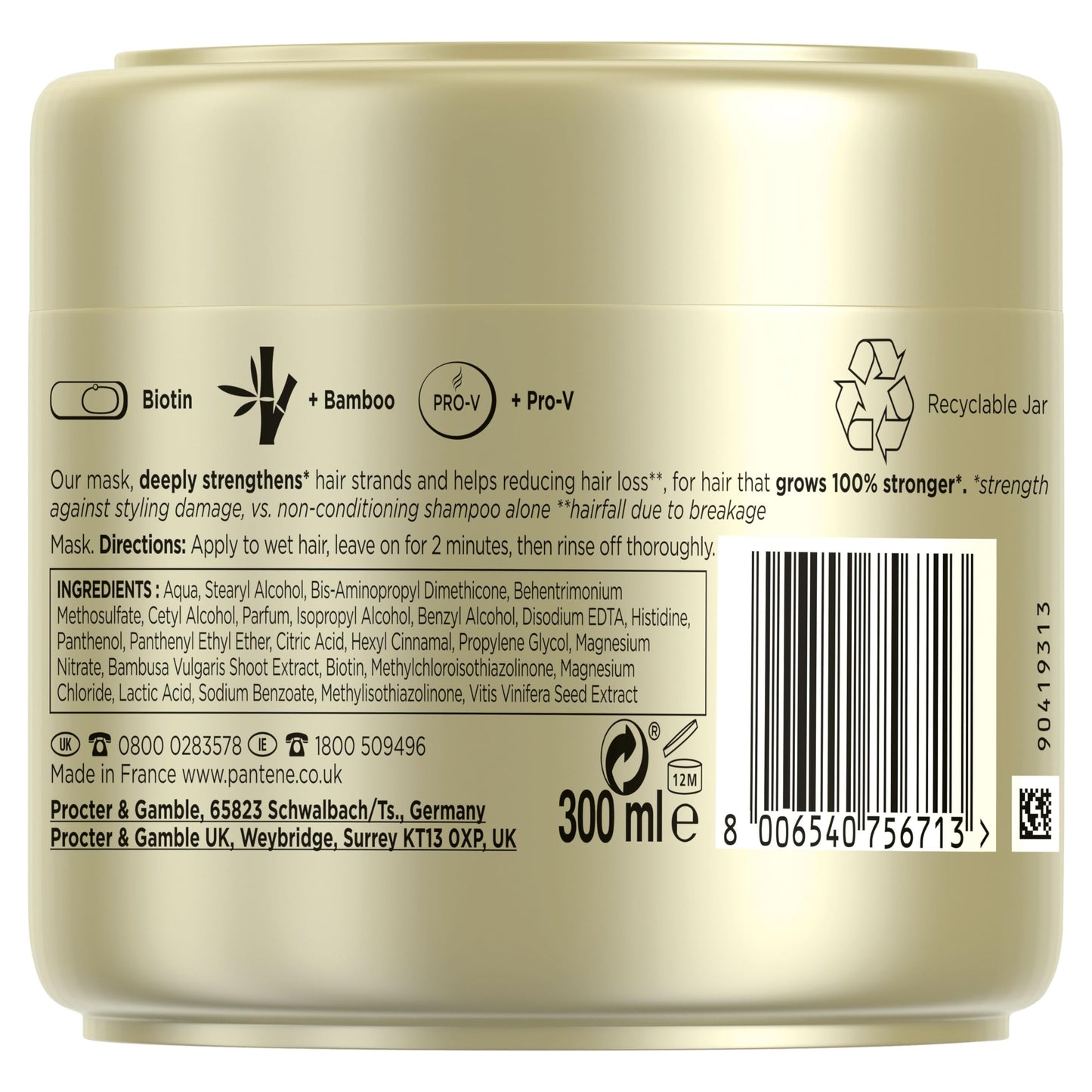 Pantene Hair Mask With Biotin, Keratin And Bamboo, Helps Support Hair Growth & Reduce Hair Loss, For Strong and Long Hair, Up To 100% Stronger Hair Against Styling Damage, 300ml