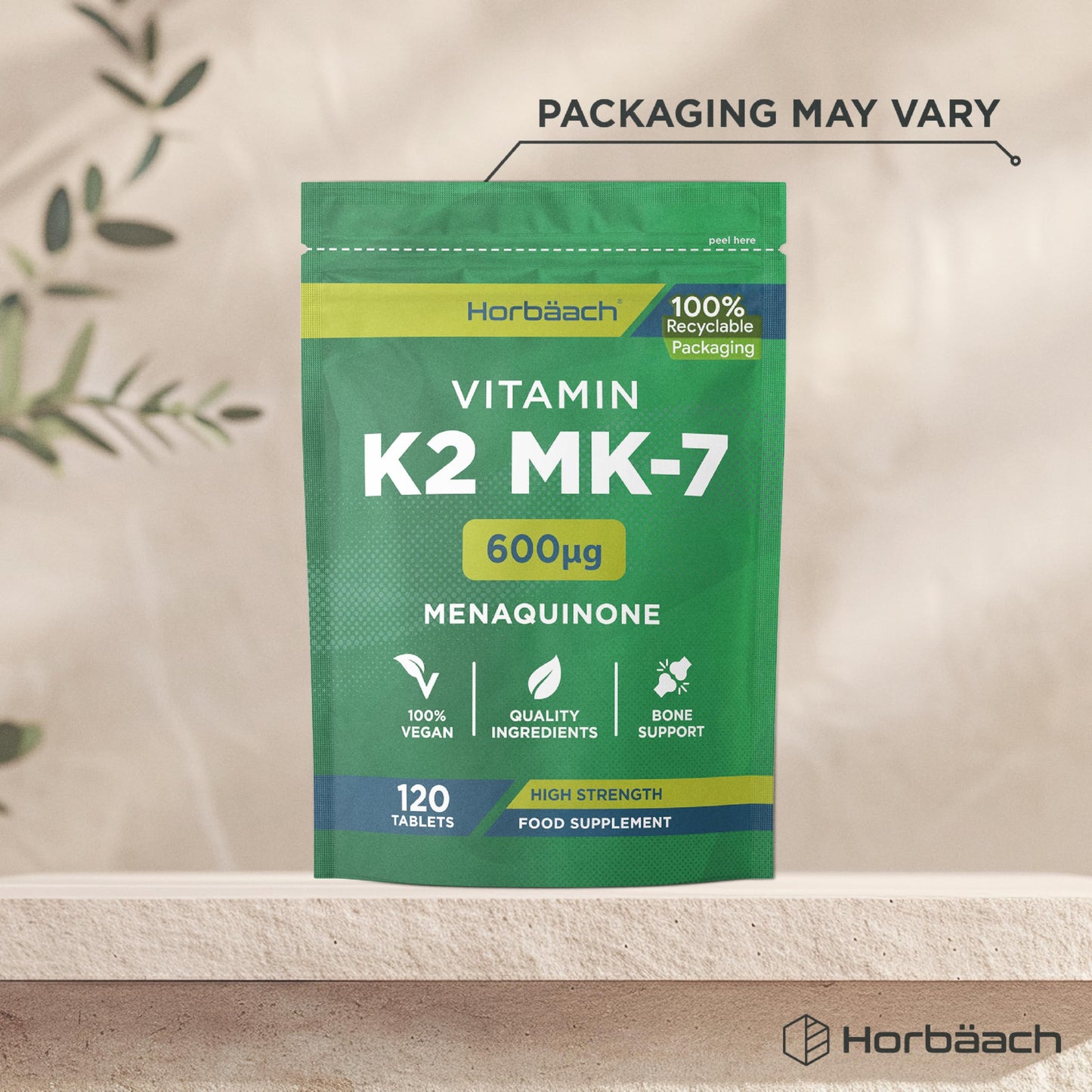 Horbäach Vitamin K2 MK7 High Strength 600mcg | 120 Tablets (Not Capsules) | Vitamin K2 Menaquinone MK-7 Supplement | Bioavailable Formula for Men & Women | Suitable for Vegans | By Horbaach