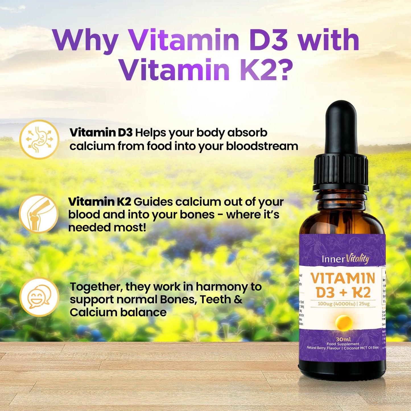 Vitamin D3 K2 Drops 4000iu + MCT Oil Liquid Absorption, Natural Berry Flavour 5 Month Supply - High Strengh Supplement by Inner Vitality