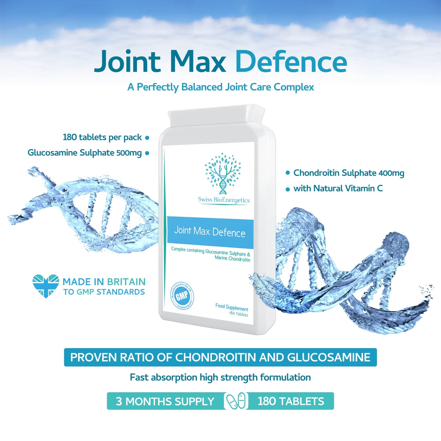 Joint Max Defence - 900mg,180 Tablets of Glucosamine Sulphate & Chondroitin Sulphate – A Perfectly Balanced Super Strength Complex -Glucosamine Chondrotin Complex with Vitamin C - UK Manufactured