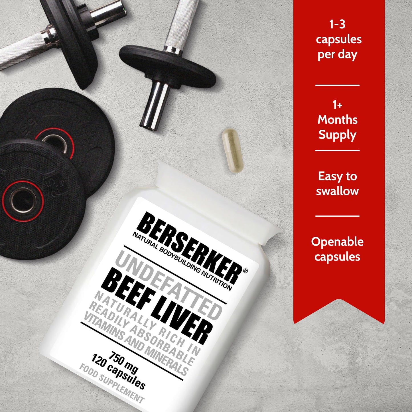 BERSERKER Supplements Berserker Desiccated Beef Liver Supplement 750mg per Capsule 120 Capsules, Un-defatted to Provide Full Absorption of Naturally Occurring Vitamins and Minerals Found in Beef Liver | Made in The UK