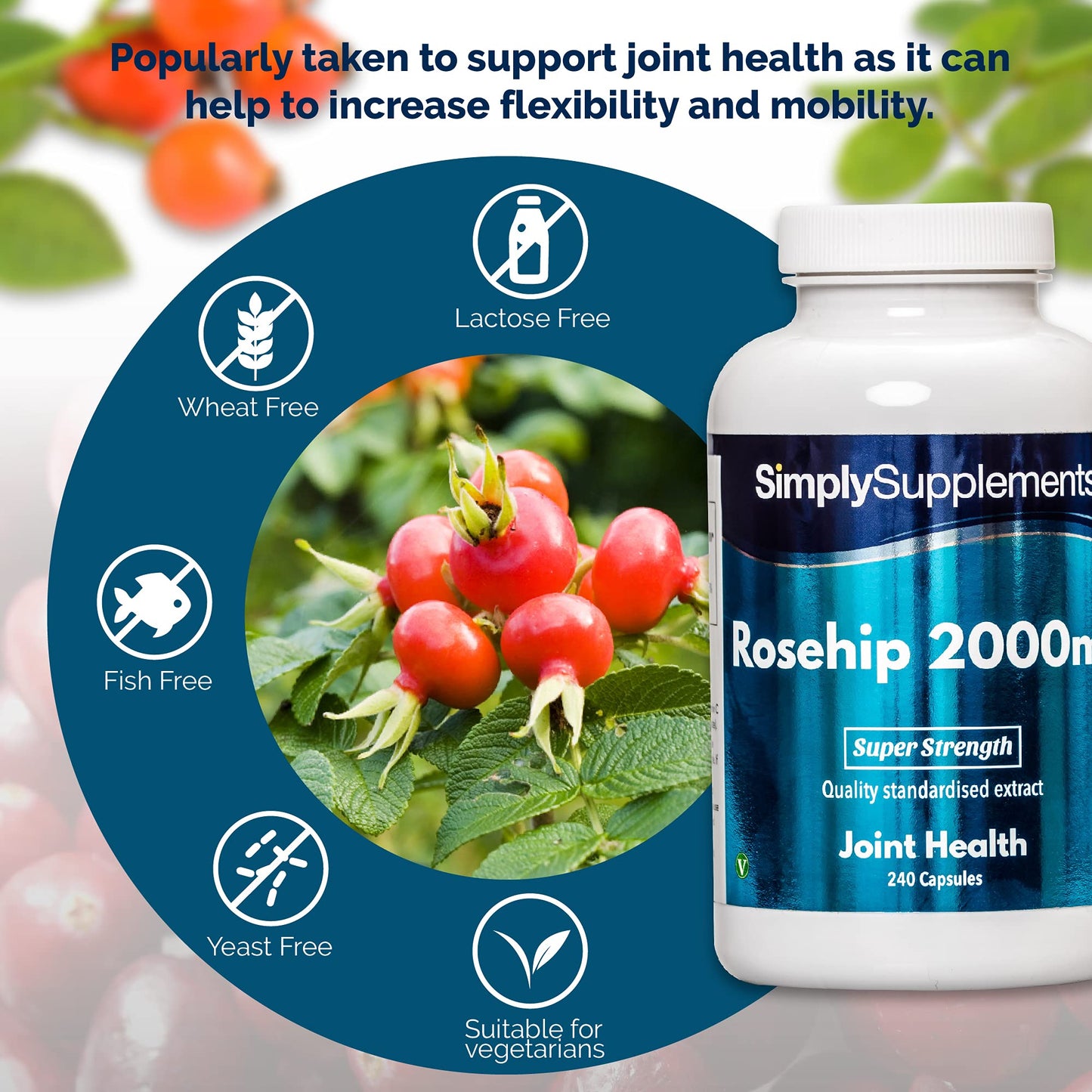 Simply Supplements Rosehip Capsules 2000mg | 240 Rosehip Extract Capsules = Up to 8 Month Supply | With Added Vitamin C to Support Joint Cartilage & Immune Function | Vegan & Vegetarian Friendly | Manufactured in the UK