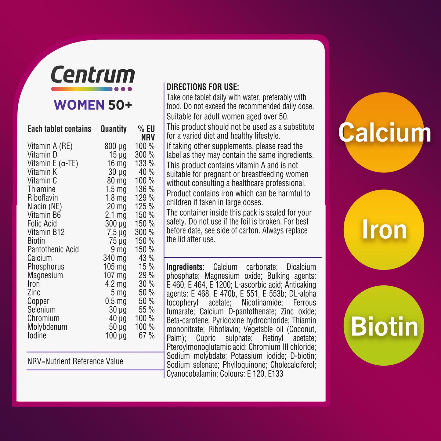 Centrum Women 50+ Tablets Multivitamin & Mineral Supplements, 23 essential nutrients including vitamin D, C, and Iron, 30 ct (Product may vary)