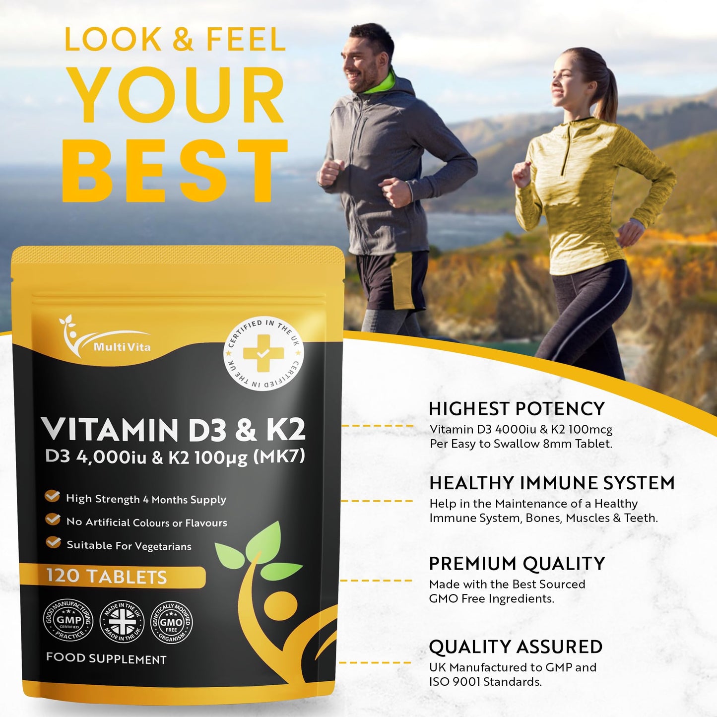 Multivita Vitamin D3 4000iu & Vitamin K2 100mcg (MK7) | 120 High Strength Vegetarian Tablets 4-Month Supply | Vitamin D K2 Supplement 1-A-Day Easy to Swallow D3 K2 (not Capsules) | Non-GMO | Made in The UK