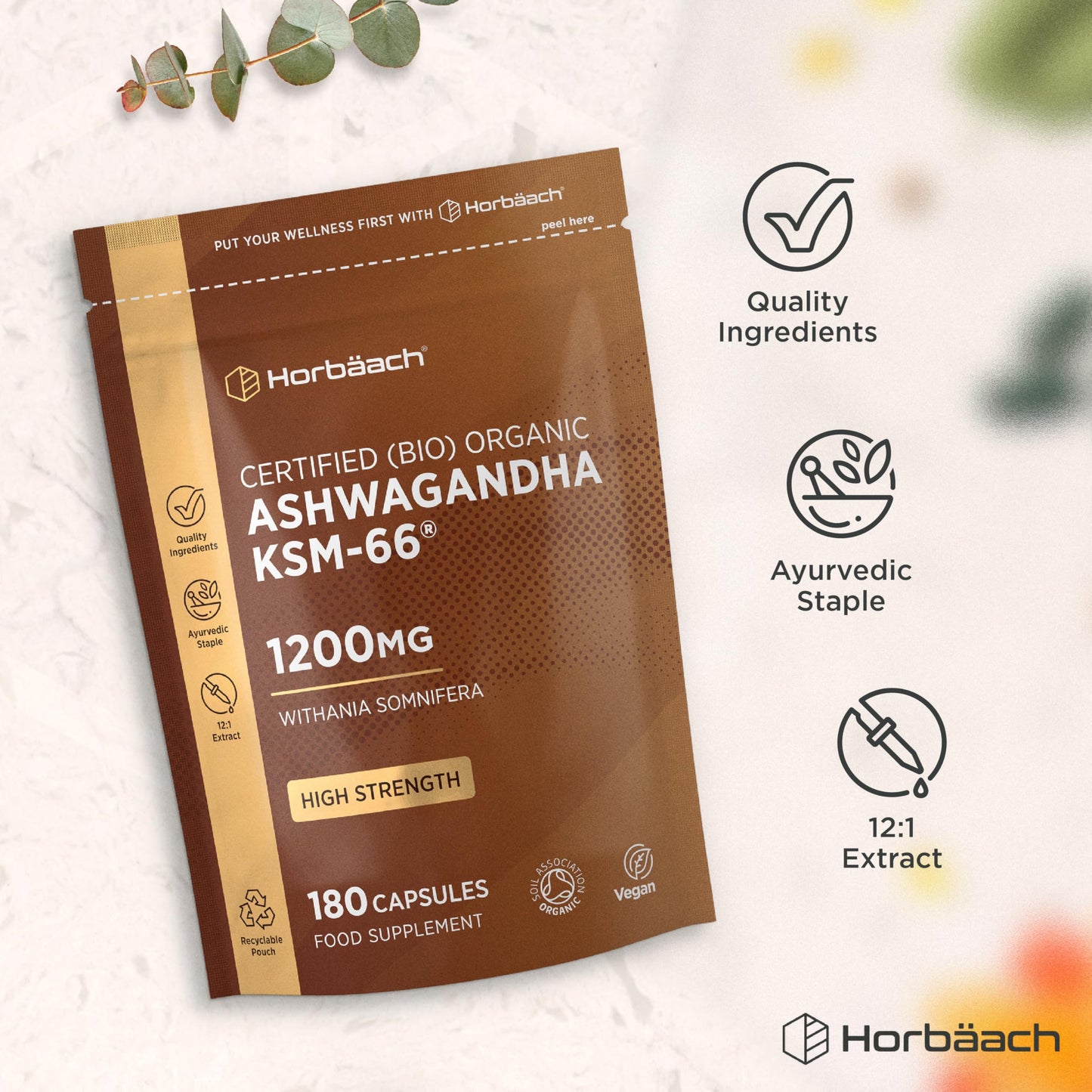Horbäach Organic Ashwagandha KSM-66® 1200mg with 5% Withanolides | Pure Ashwagandha Root Powder | High Strength | 180 Vegan Capsules (Not Tablets) | Supplement for Men & Women | by Horbaach
