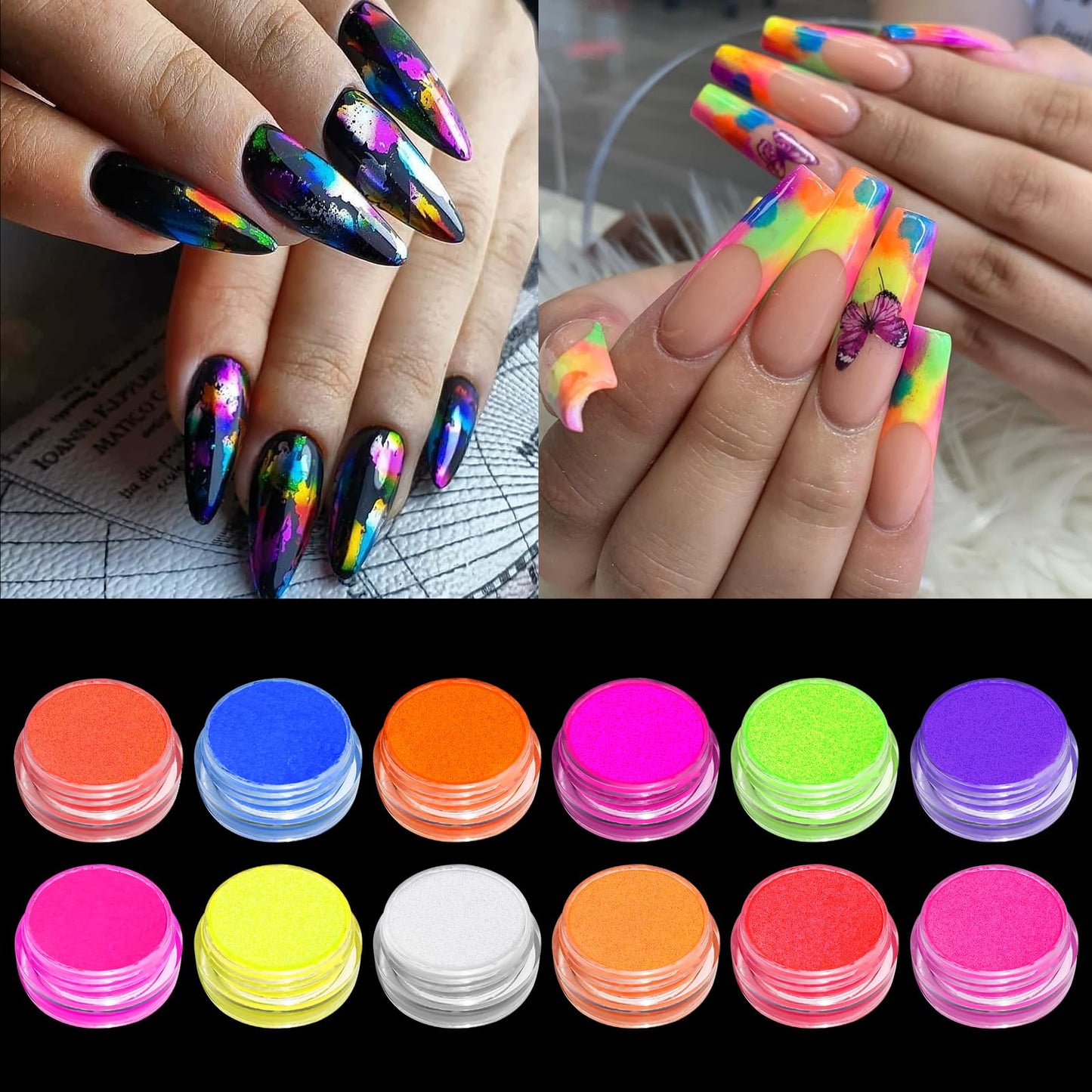 BISHENGYF Pigment Nail Powder Fluorescence Pigment Ultrafine Glitter Powder Nail Pigments Dust Nail Glitter Gradient Iridescent Nail Art Decoration