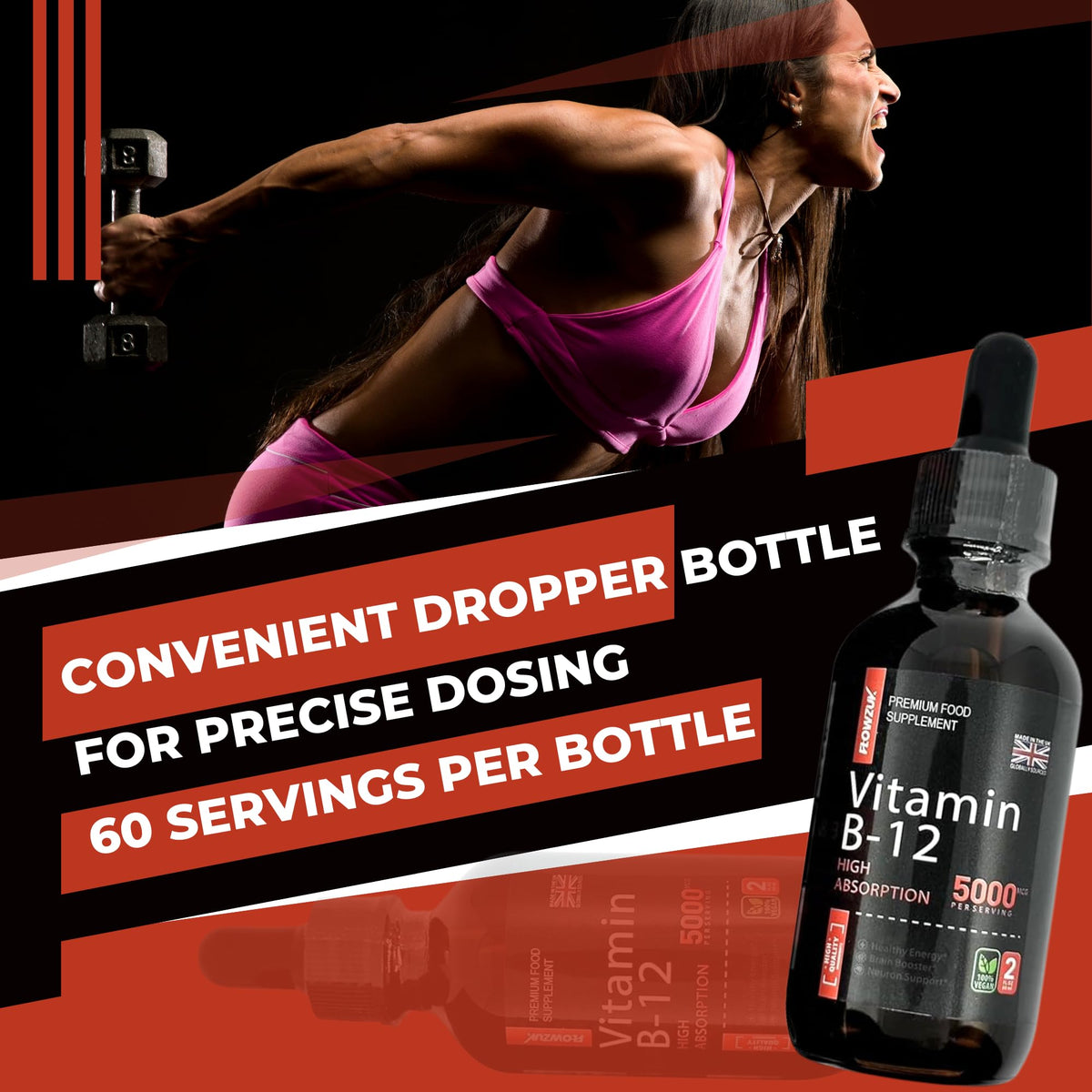 Flowzuk Vitamin B12 Liquid Drops 5000mcg – High Strength Methylcobalamin – Fast Absorbing Vegan B12 Supplement – 60ml Dropper Bottle – Gluten Free, Energy & Wellness Support
