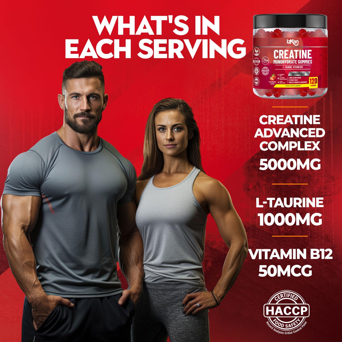 Izkan Creatine Gummies 5000mg (5G) for Men & Women - 120 Chewable Creatine Monohydrate Gummies Strawberry Flavoured | Pre Workout Gym Supplement| Muscle Boost| 4 Per Day - Vegan & Halal (2X)
