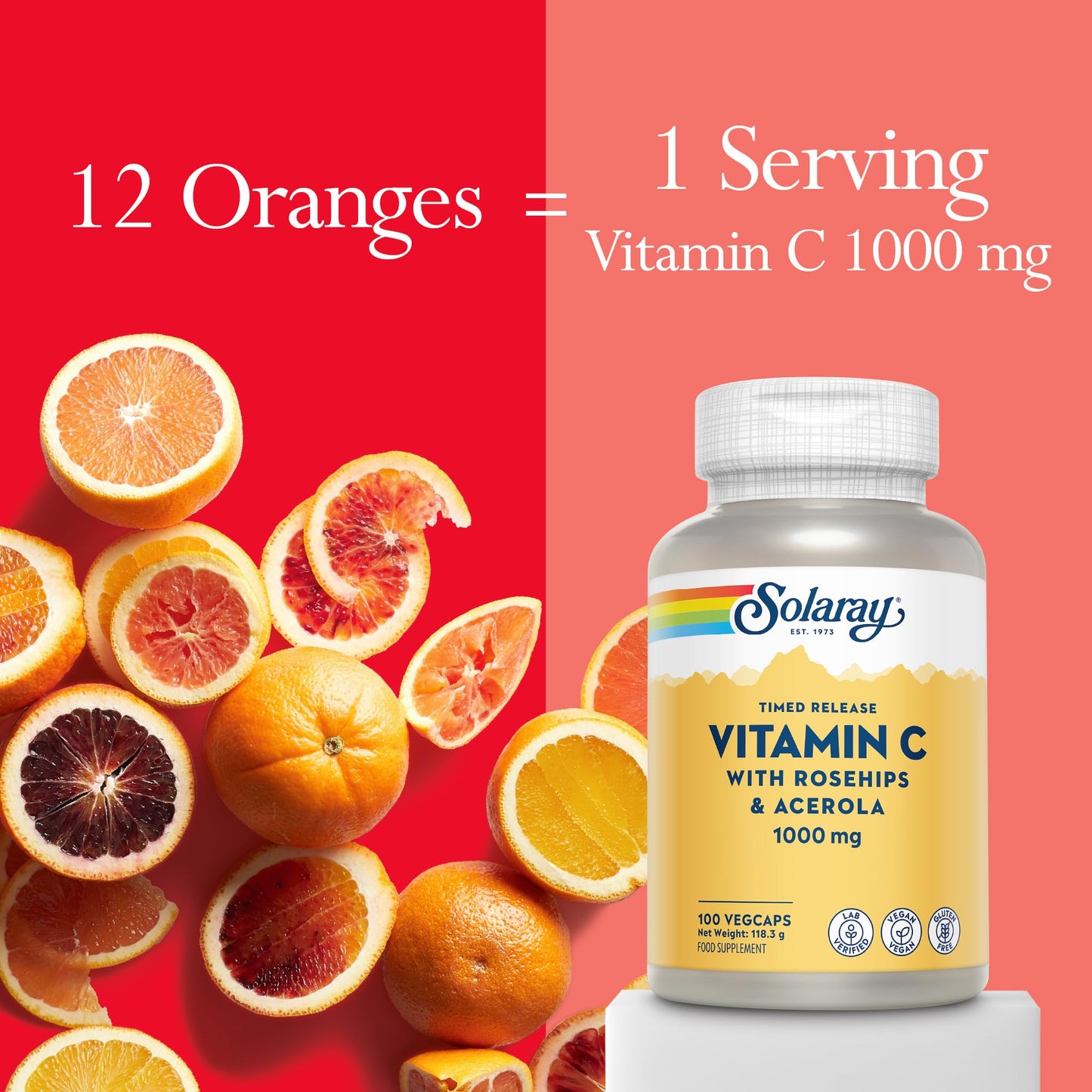 SOLARAY Vitamin C 1000mg - 100 Vegan Capsules not Tablets - High Strength VIT C Supplement with Ascorbic Acid, Acerola Cherry and Rosehip - Lab Verified - Solaray