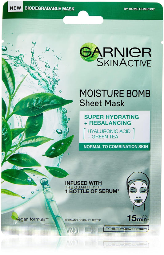 Garnier Moisture Bomb Green Tea and Hyaluronic Acid Sheet Mask, Hydrating & Rebalancing Face Mask, For Sensitive Skin, Biodegradable and Vegan Tissue, 28g