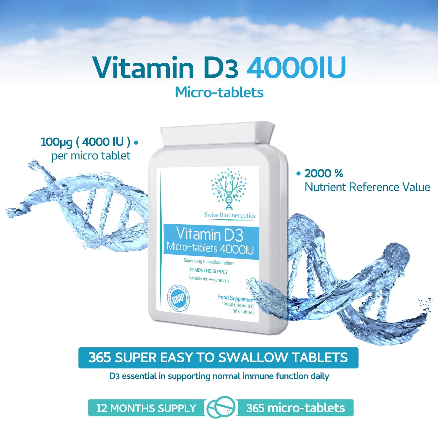 swiss bioenergetics Vitamin D3 100µg (4000 IU) 365 Micro-Tablets – one-a-Day Easy to Swallow high Strength Tablets – Exclusively Manufactured in The UK