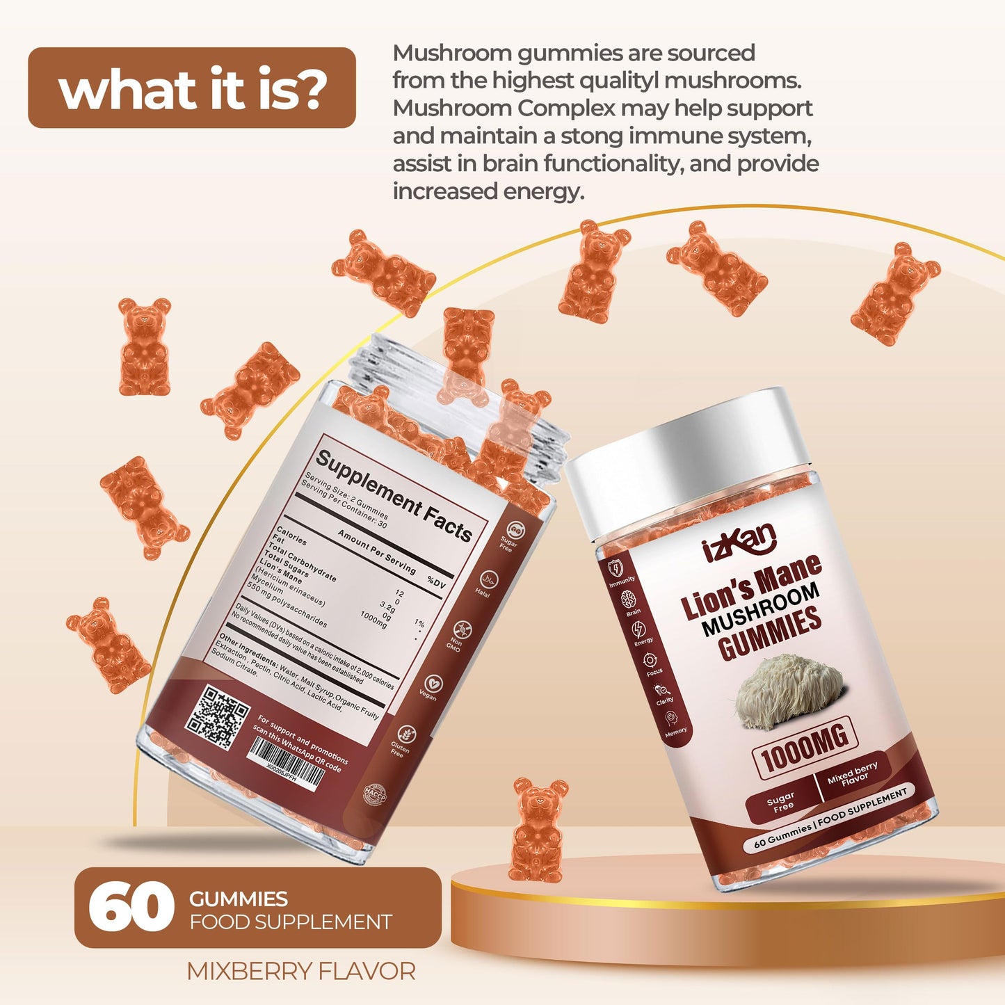 Izkan Mushroom Gummies 1000mg - Lion Mane Mushroom Gummies Supplement Promotes Focus, Memory, and Mood - 60 Count (Mixed Berry Flavor, Halal, Gluten-Free, Vegan) (3)