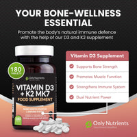 Only Nutrients - Vitamin D3 + K2 MK7, UK-Made Teeth, Muscle & Bone Supplements Men/Women Need, High-Strength Vegan Immune Support Rich in Vitamin D3 4000 iu, 180 Tablets