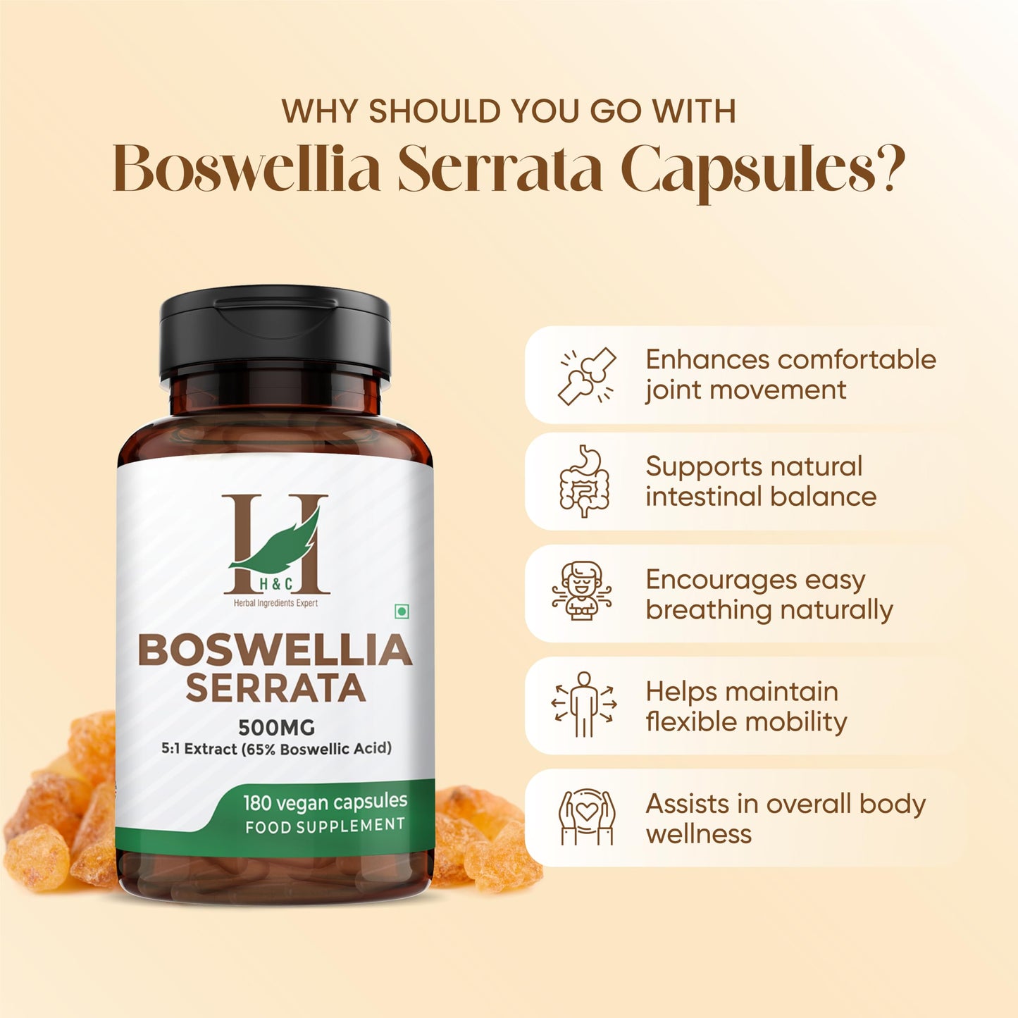 H&C HERBAL INGREDIENTS EXPERT H&C Boswellia Serrata 2500mg Capsules (500mg of 5:1 High Strength Extract) | 65% Standardised Boswellic Acid | 180 Veg. Capsules - 6 Months Supply
