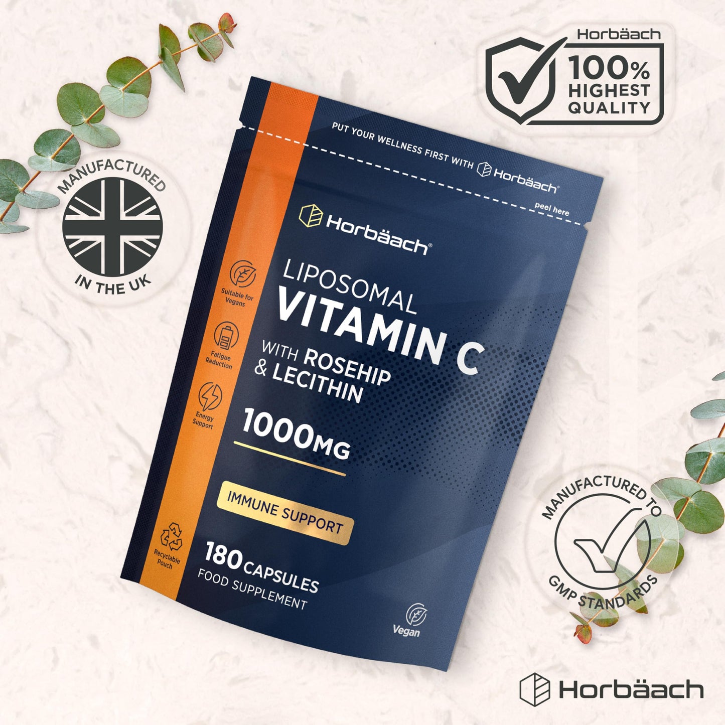 Horbäach Liposomal Vitamin C 1000mg with Rosehip | 180 Capsules | High Strength Vitamin C as Ascorbic Acid with Added Rosehip and Sunflower Lecithin | Vegan Supplement | By Horbaach