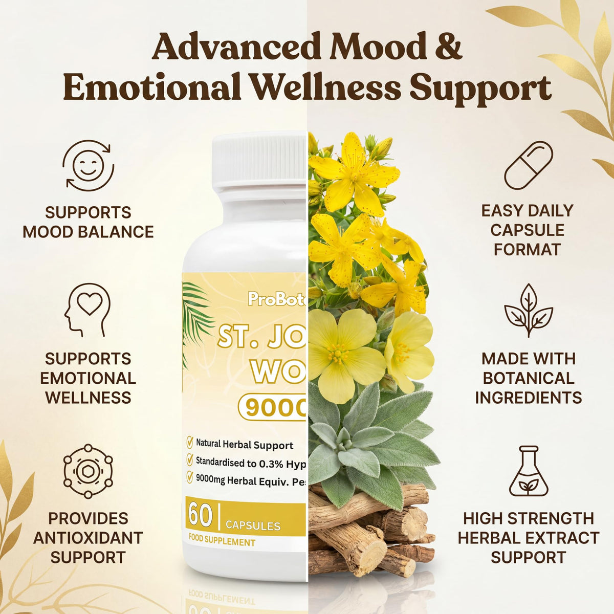 ProBotanics St John's Wort 900mg Maximum Strength | Standardised 0.3% Hypericin Extract | High-Strength Herbal Supplement for Emotional Wellbeing | 60 Vegan Capsules
