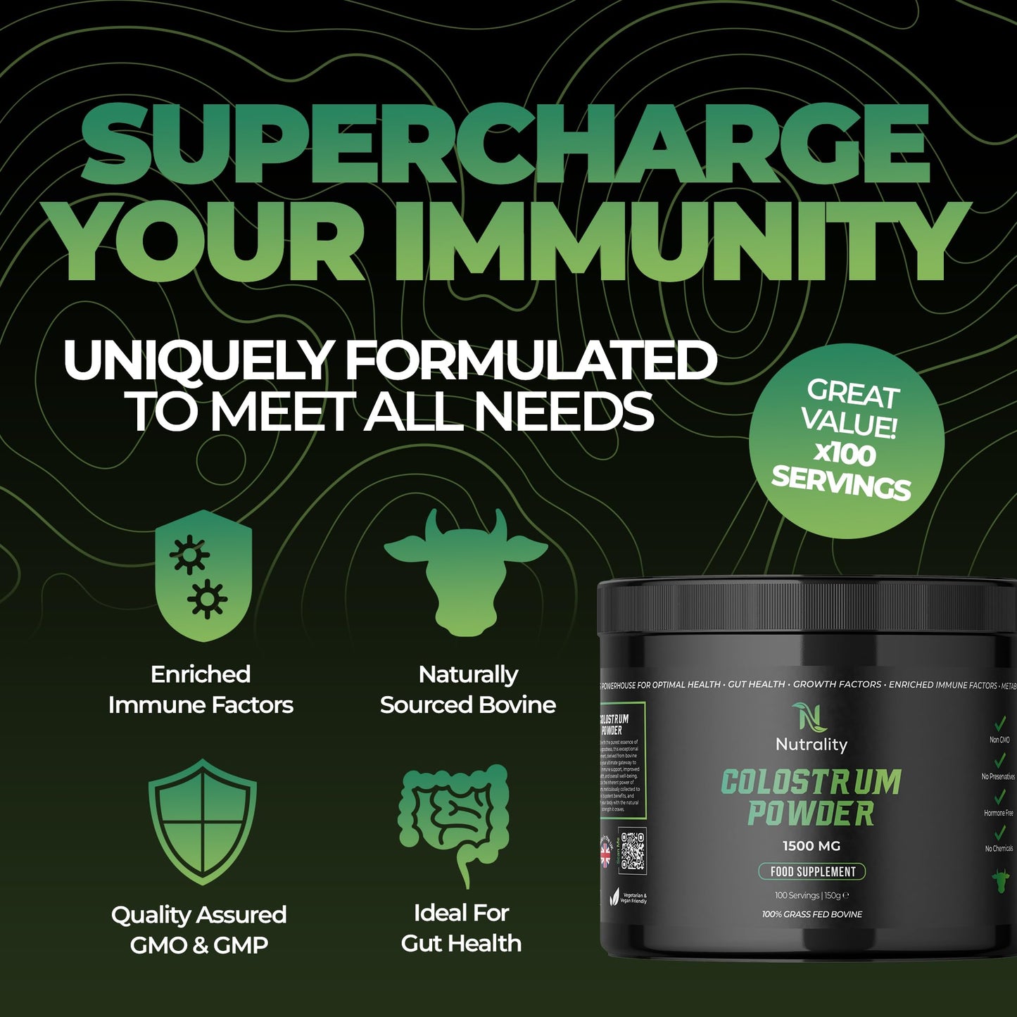 Nutrality 100% Bovine Colostrum Powder 1500mg | Gut Health | 100 Servings