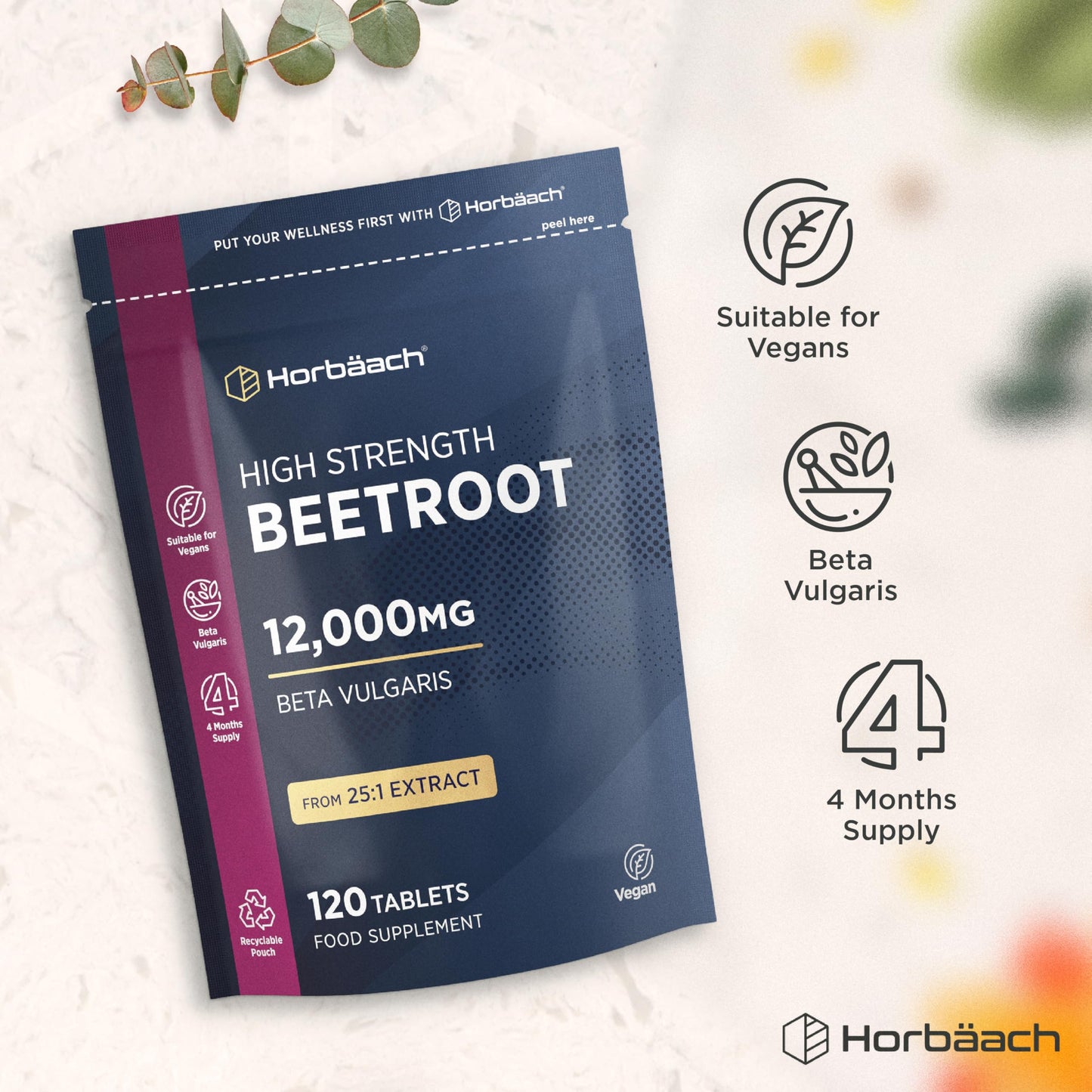 Horbäach Beetroot Tablets 12,000mg | 120 Tablets | High Strength 25:1 Beetroot Extract | Suitable for Vegans and Vegetarians | by Horbaach