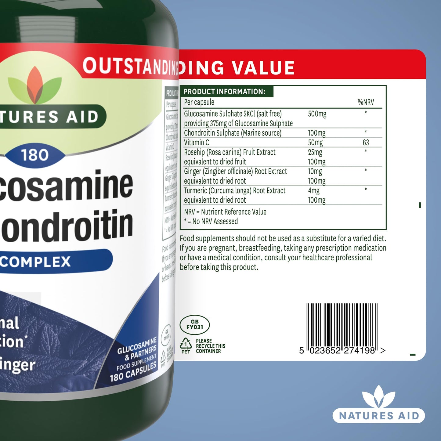 Natures Aid Glucosamine and Chondroitin Complex, with Vitamin C, Rosehip, Ginger and Turmeric, 180 Capsules